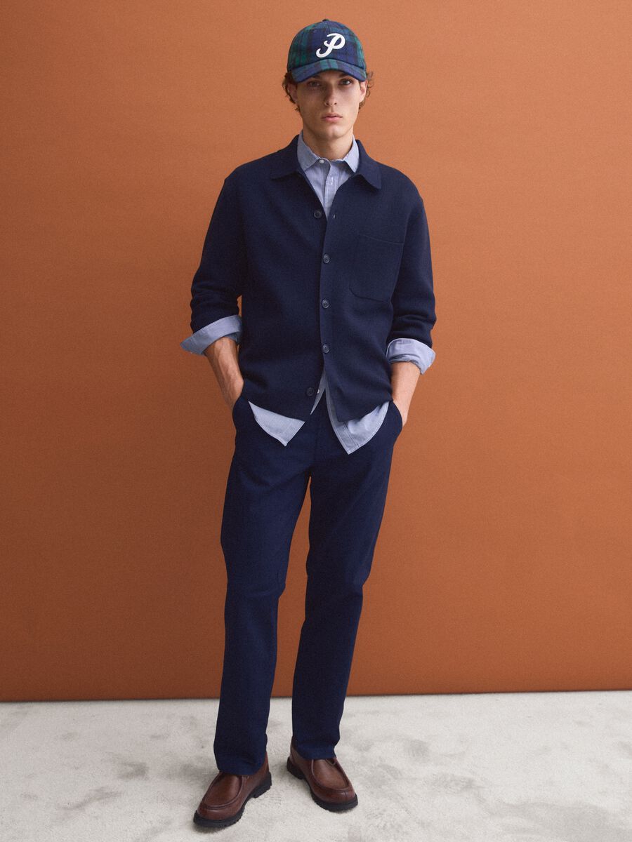 Blue regular-fit cotton-blend cardigan with collar_2