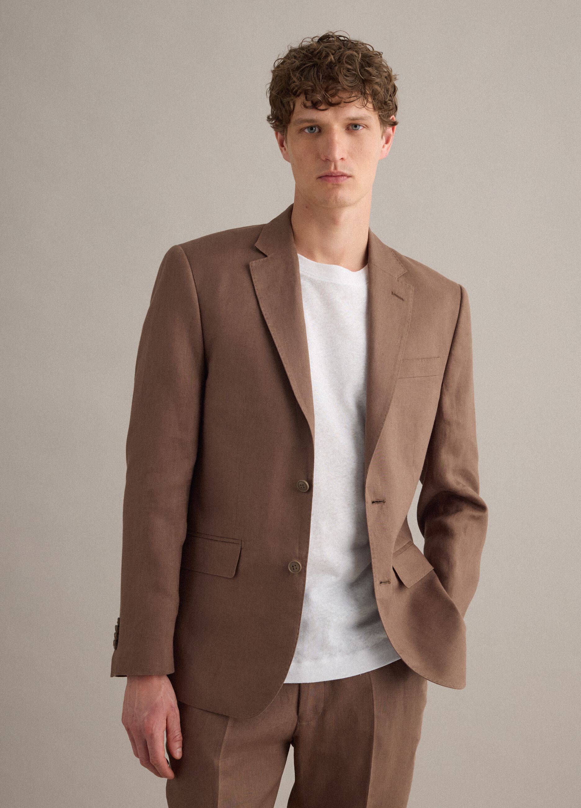 Brauner Slim-Fit-Blazer aus reinem Leinen