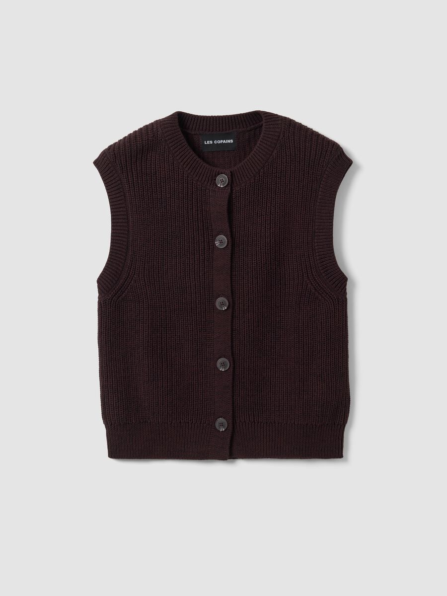 Brown pure cotton knitted vest with crew neck, regular fit_0