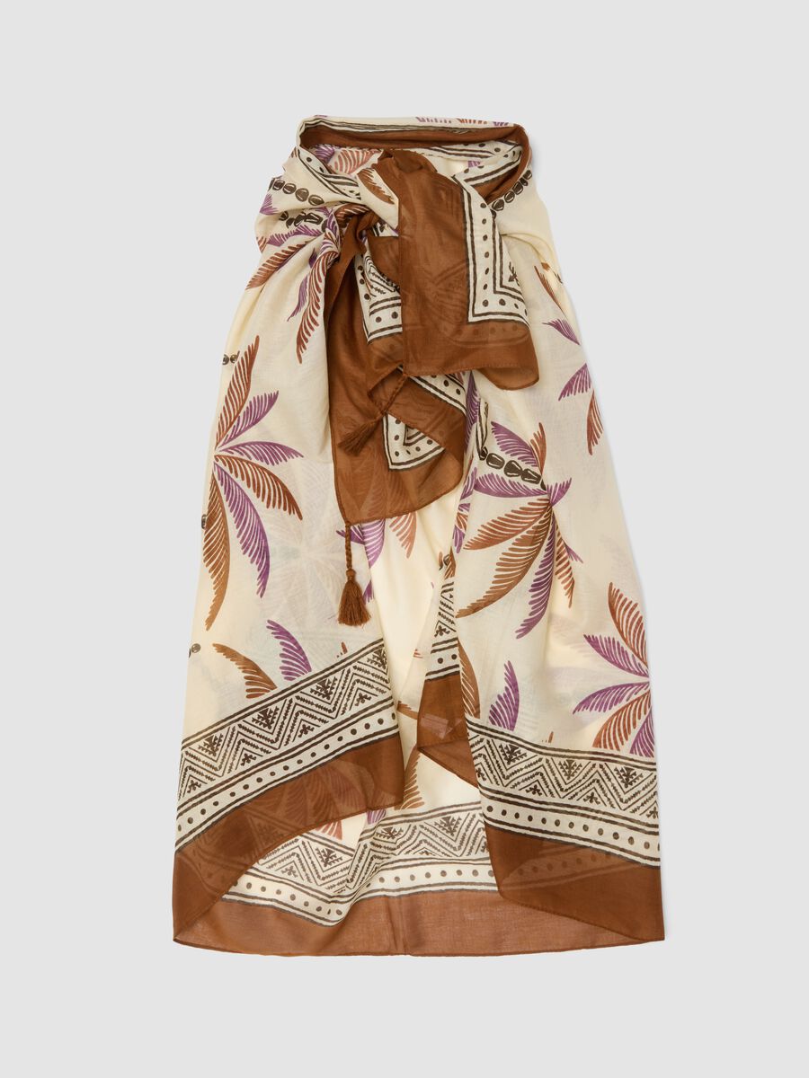 Brown pure cotton pareo with tropical print_0