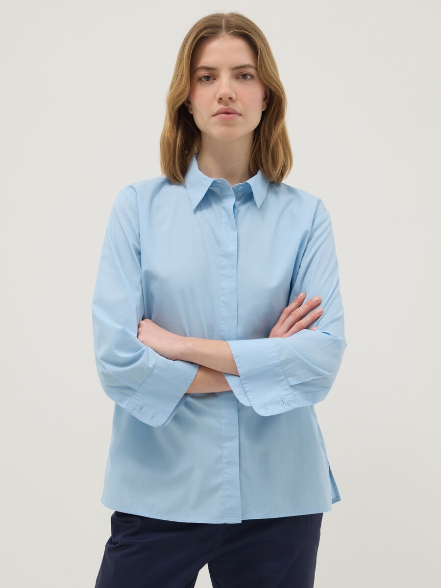 Light blue pure cotton shirt regular fit with three-quarter sleeves_0