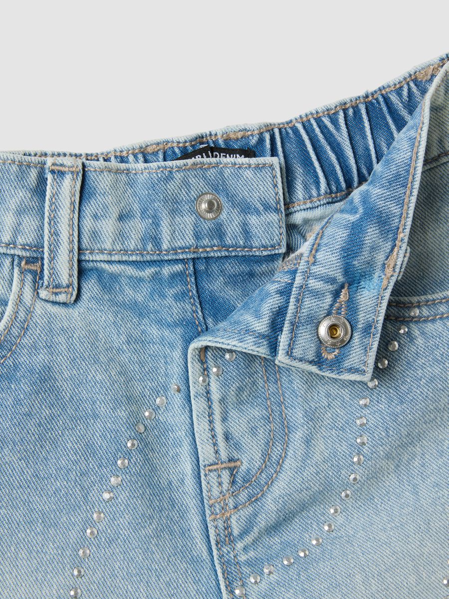 Light blue pure cotton denim shorts with rhinestones_3