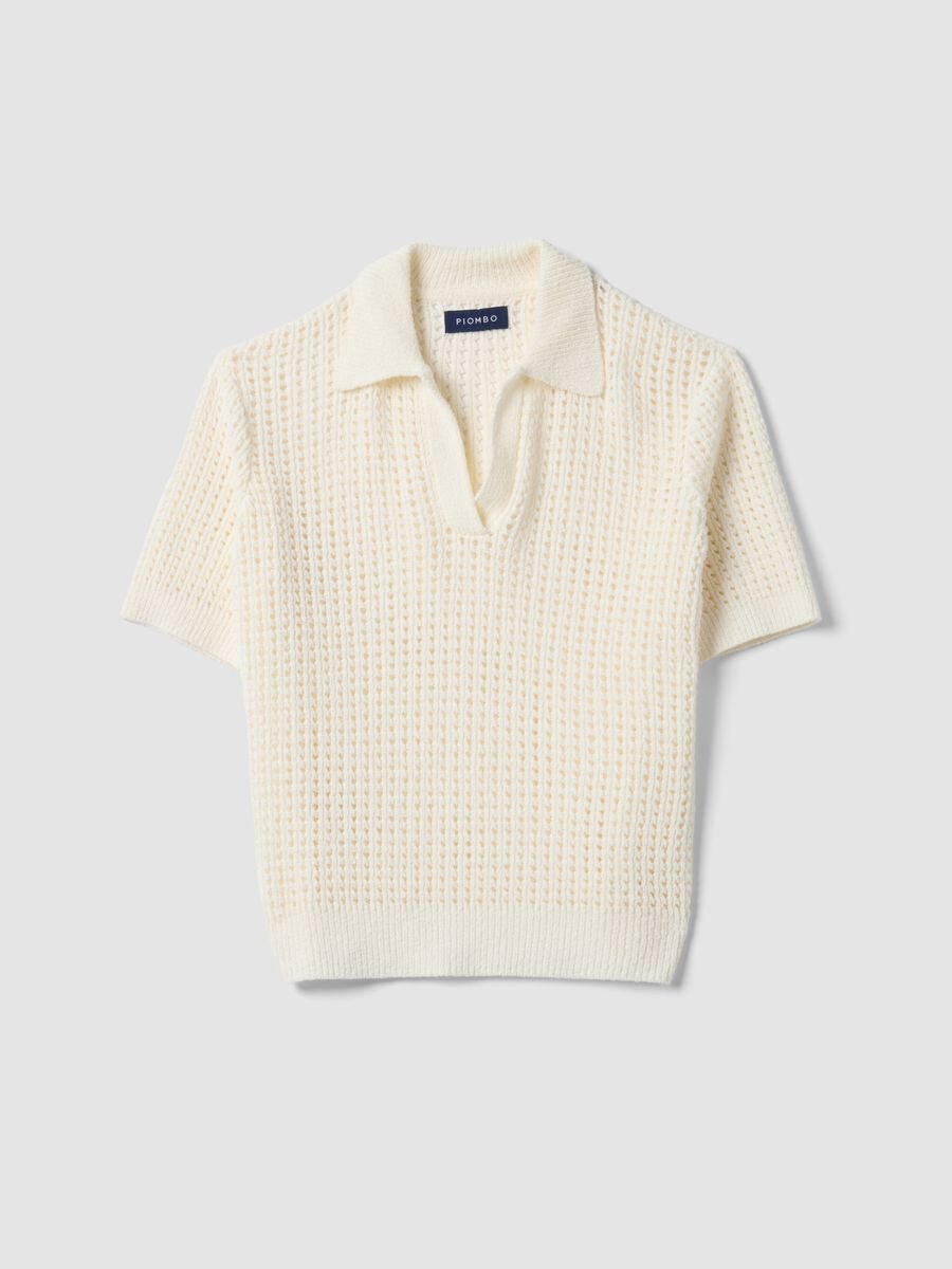 White cotton blend perforated polo collar shirt, regular fit_4