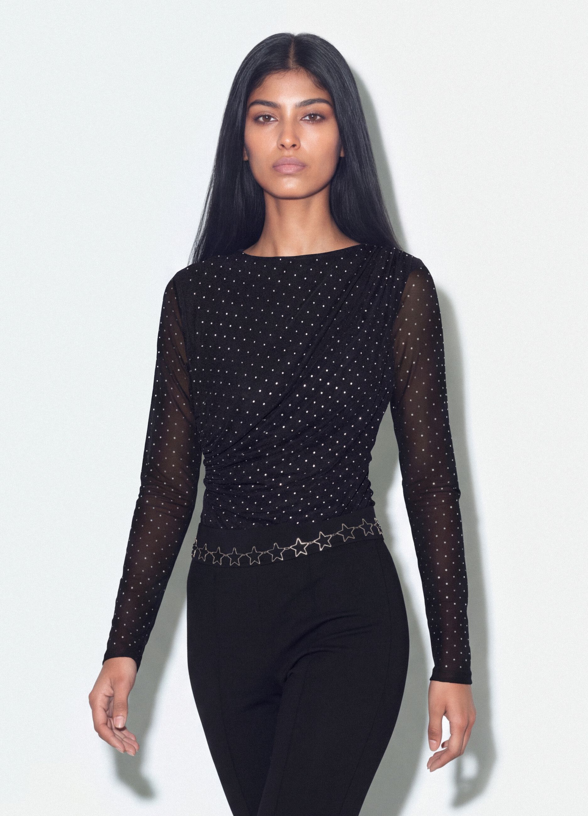 Black fitted stretch bodysuit with rhinestones
