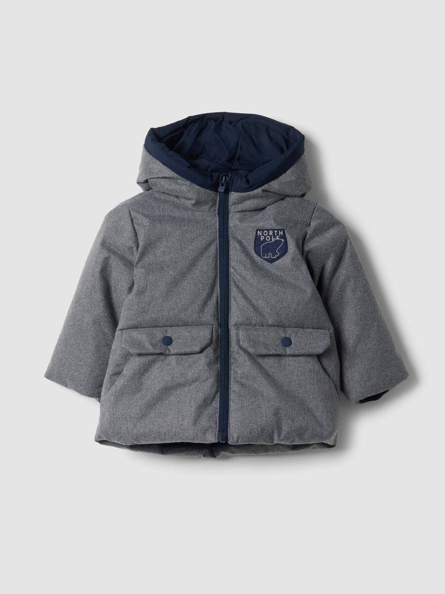 Long grey padded jacket with hood and zip_0