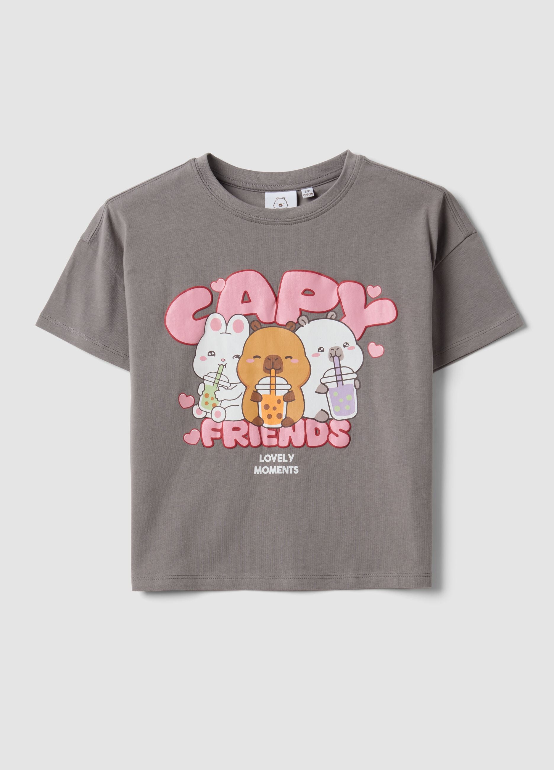 Graues T-Shirt aus Stretch-Baumwolle mit Capybara-Print f&uuml;r M&auml;dchen