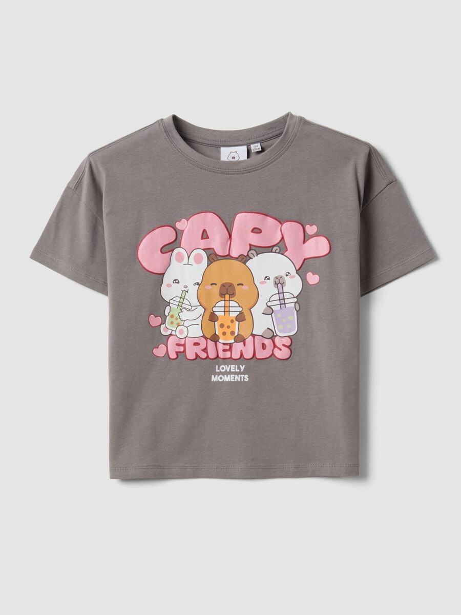 Graues T-Shirt aus Stretch-Baumwolle mit Capybara-Print f&uuml;r M&auml;dchen_0