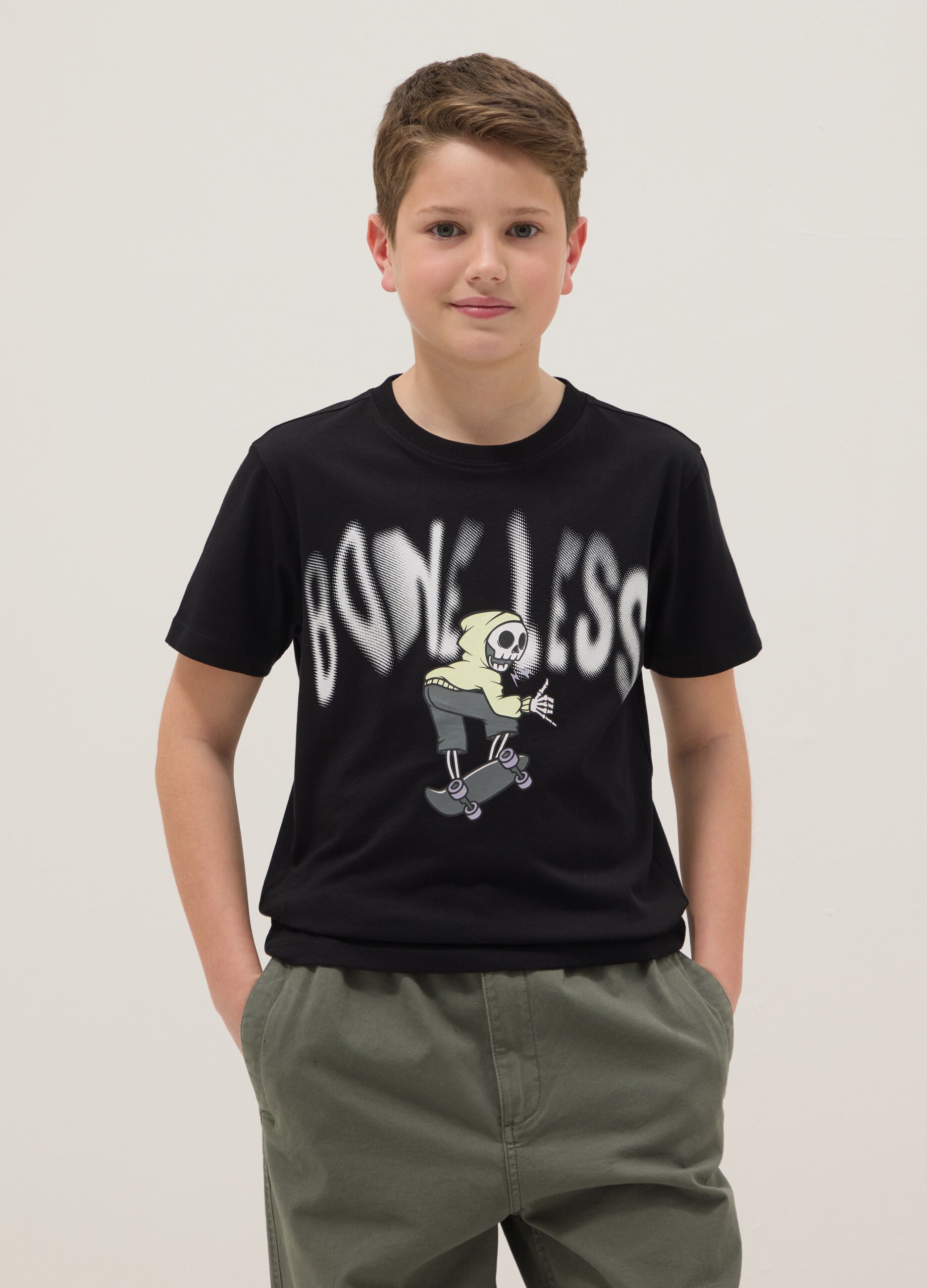 Boys' black pure cotton T-shirt regular fit with print
