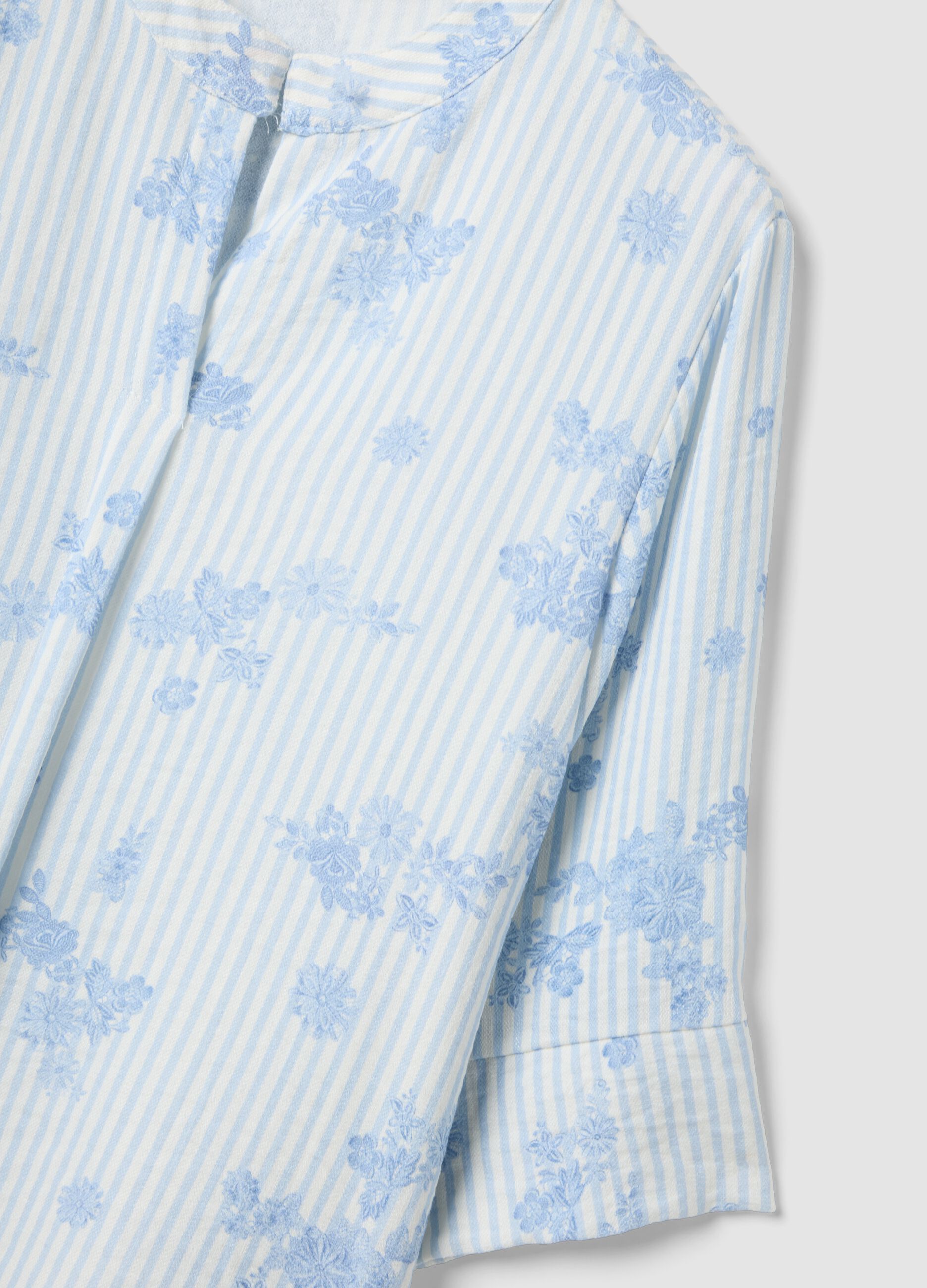 Light Blue Viscose-Blend Blouse with Stripes and Floral Print
