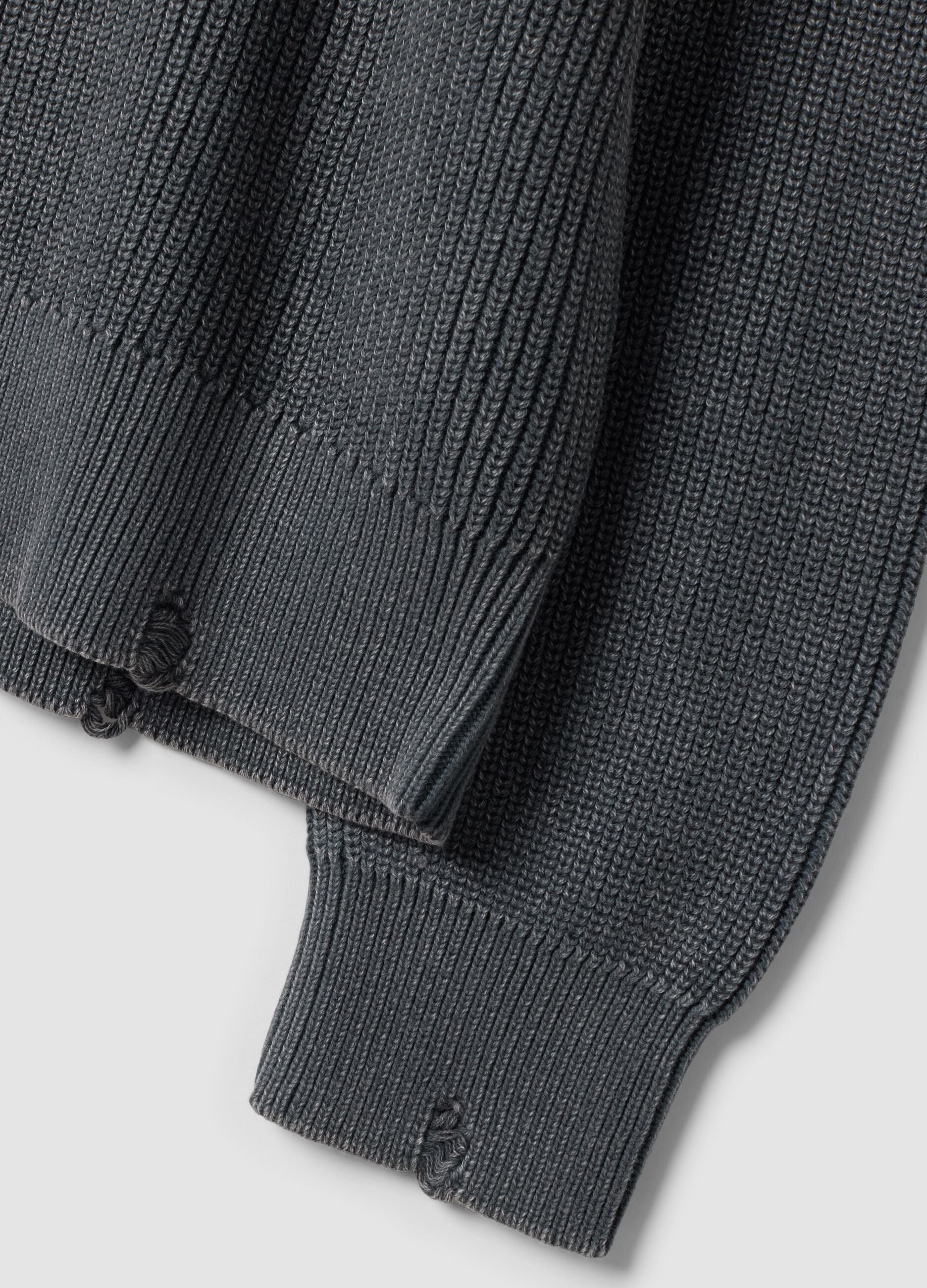 Grey pure cotton ribbed crew-neck jumper, regular fit