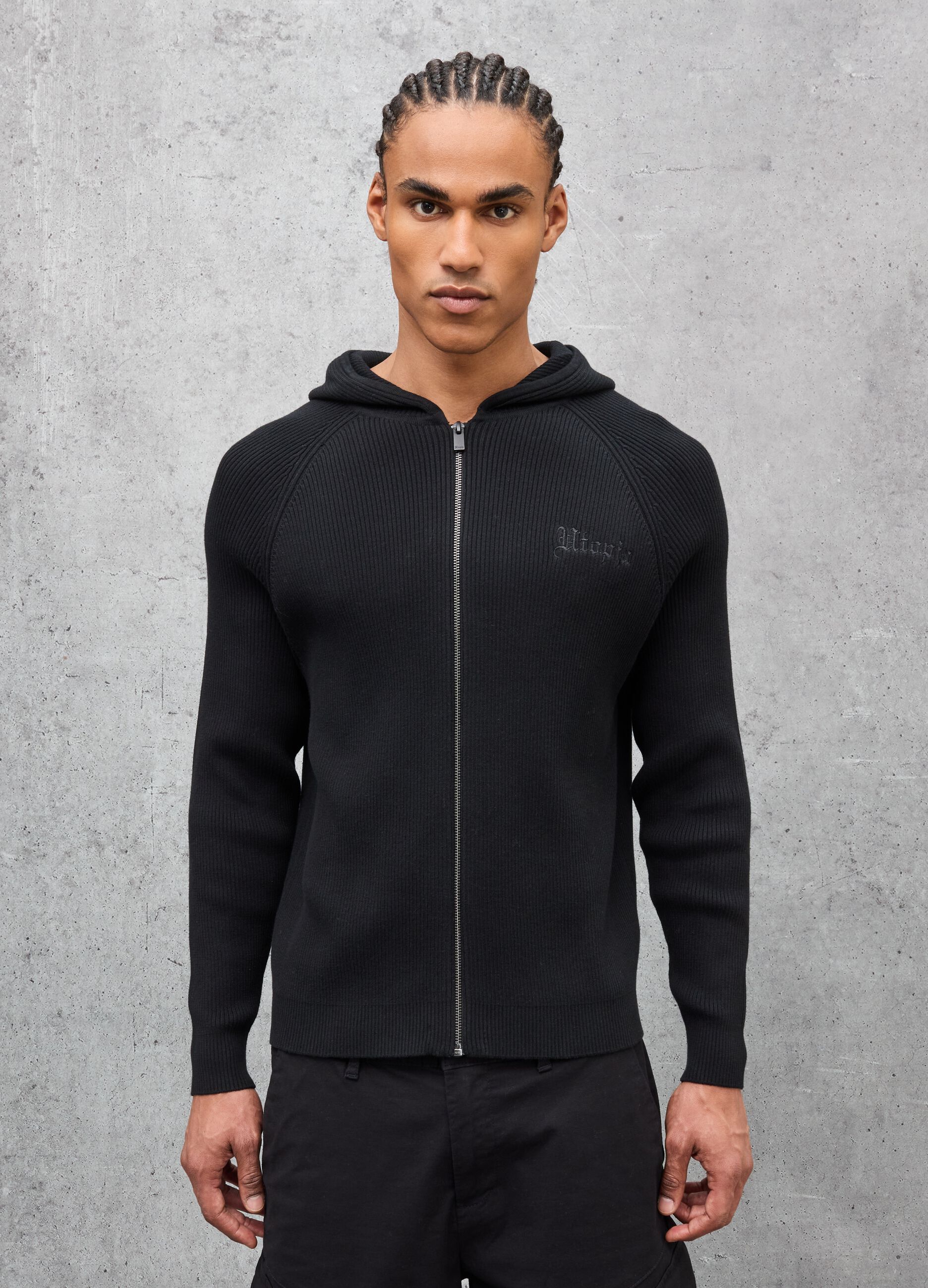 Black Ribbed Knit Hoodie