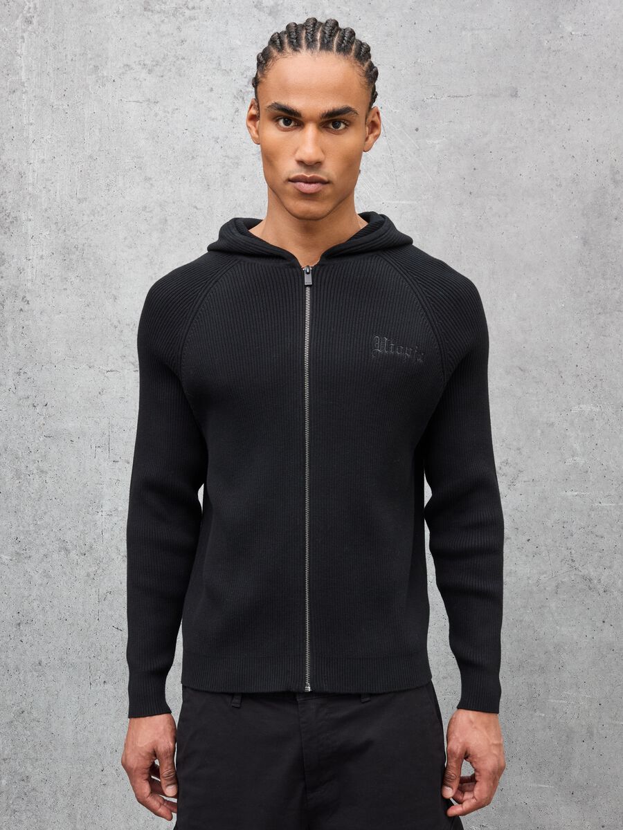 Black Ribbed Knit Hoodie_0