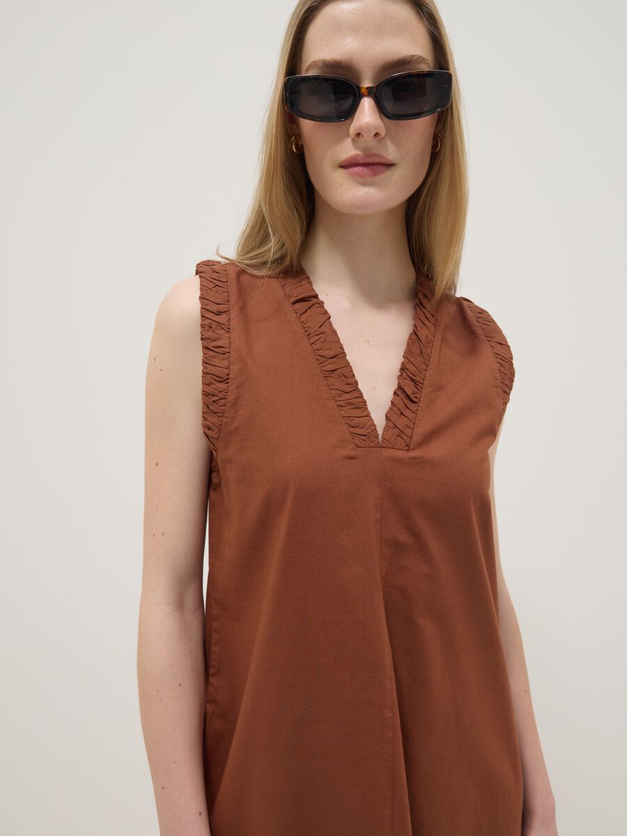 Brown pure cotton regular-fit mini dress with ruched V-neck_4
