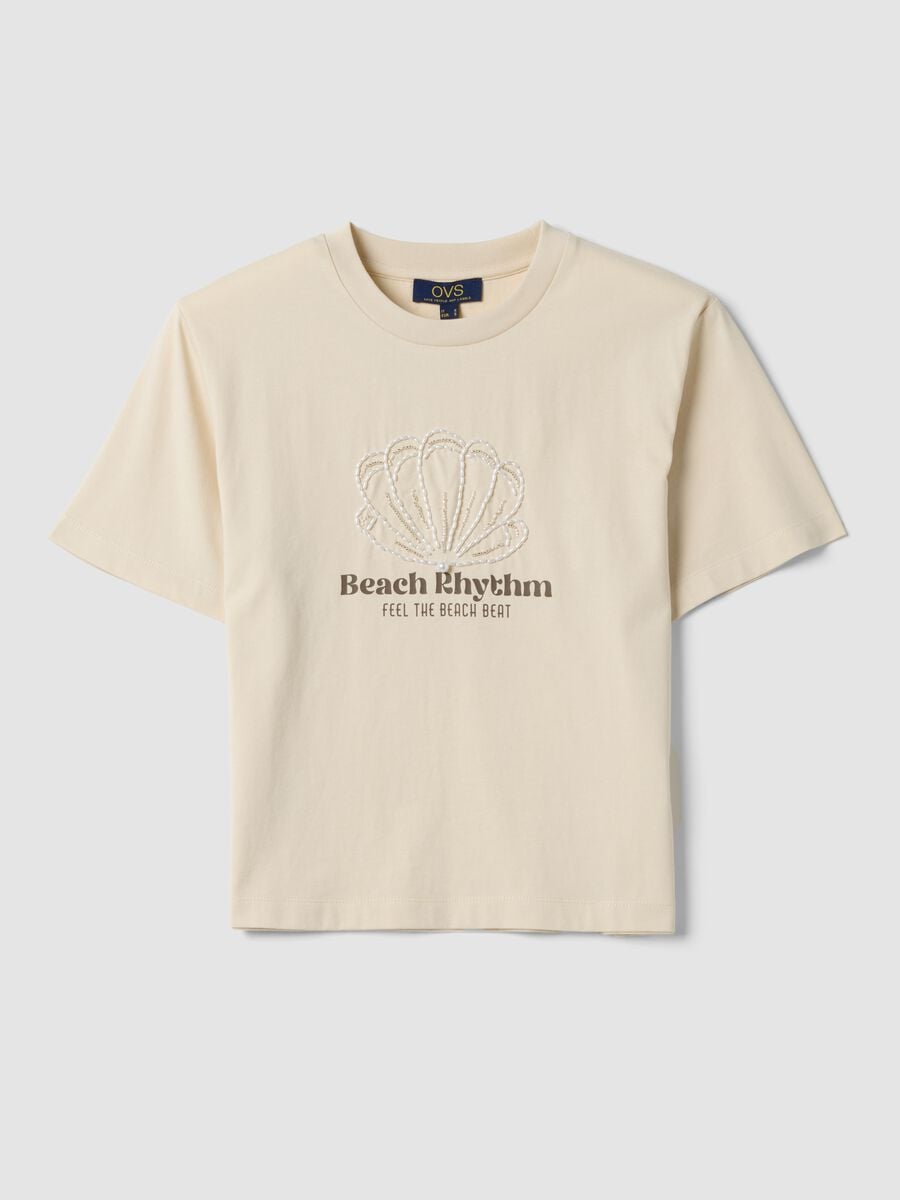 Beige short-sleeved pure cotton T-shirt with embroidery_4