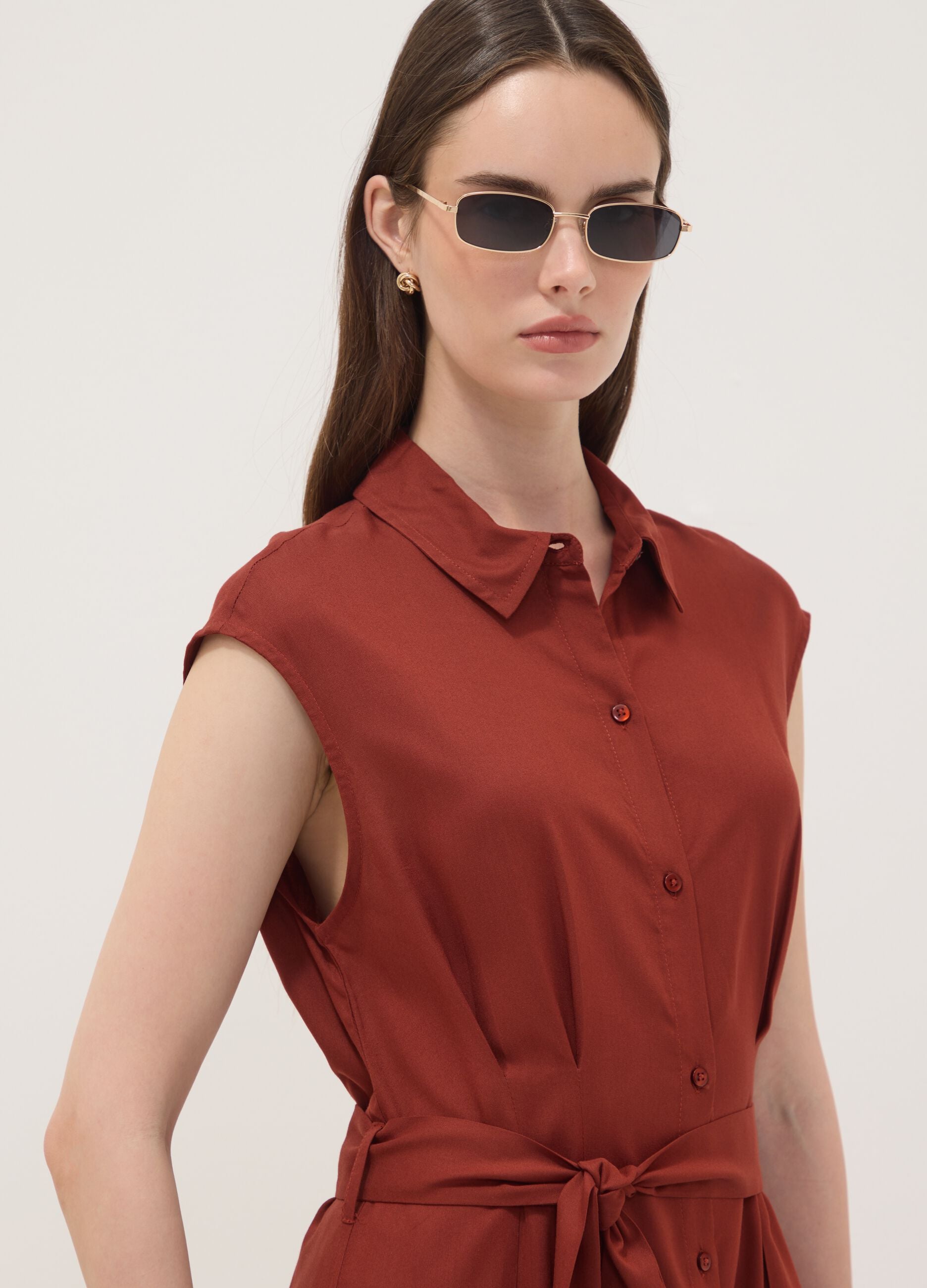 Red midi dress in pure viscose with tie belt, regular fit