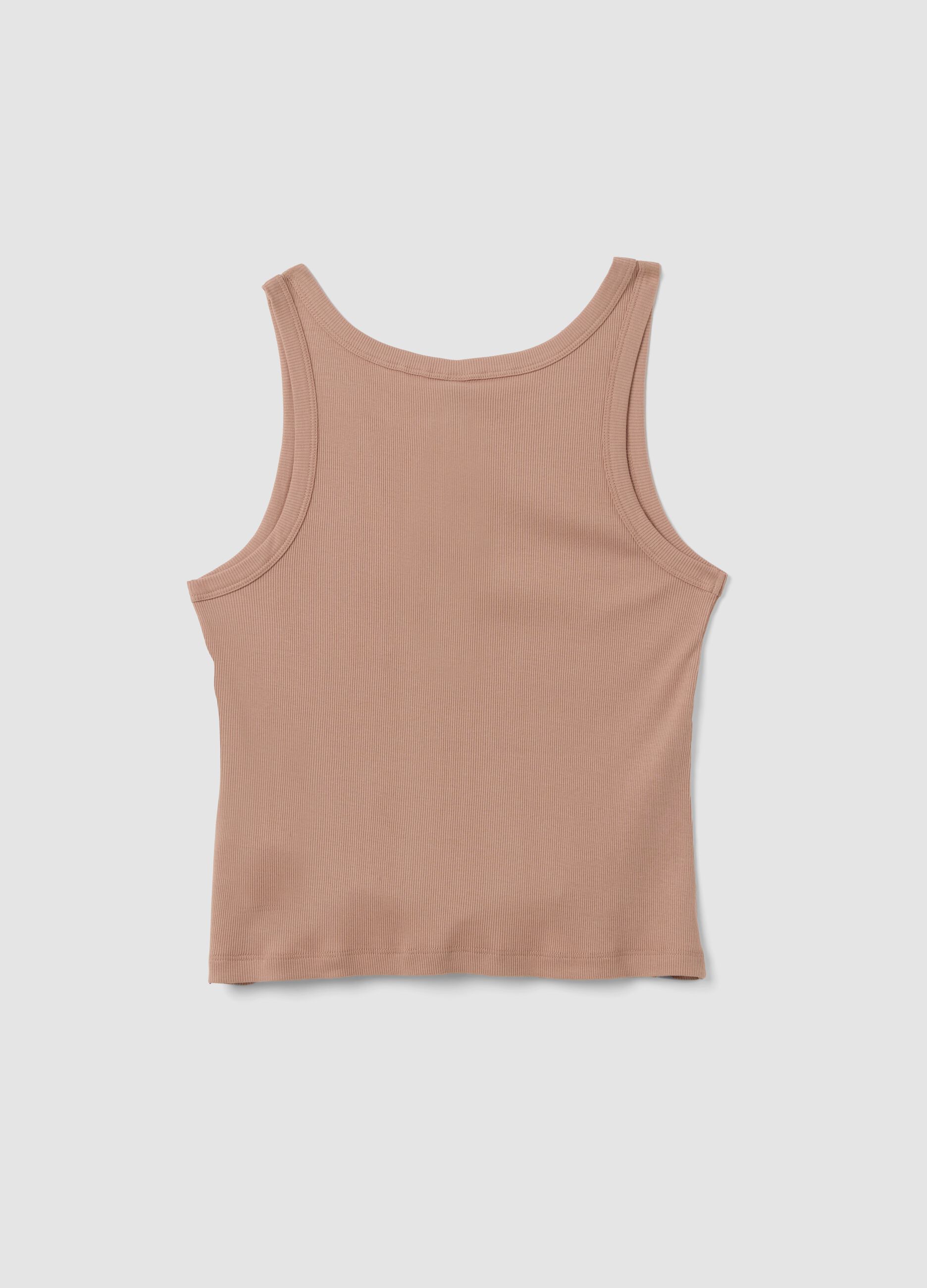Top interior bege canelado em mistura de algod&atilde;o e viscose com decote henley