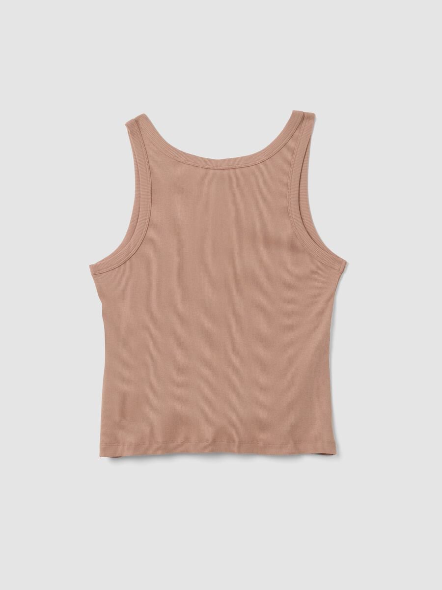 Beige ribbed cotton and viscose blend henley vest top_5