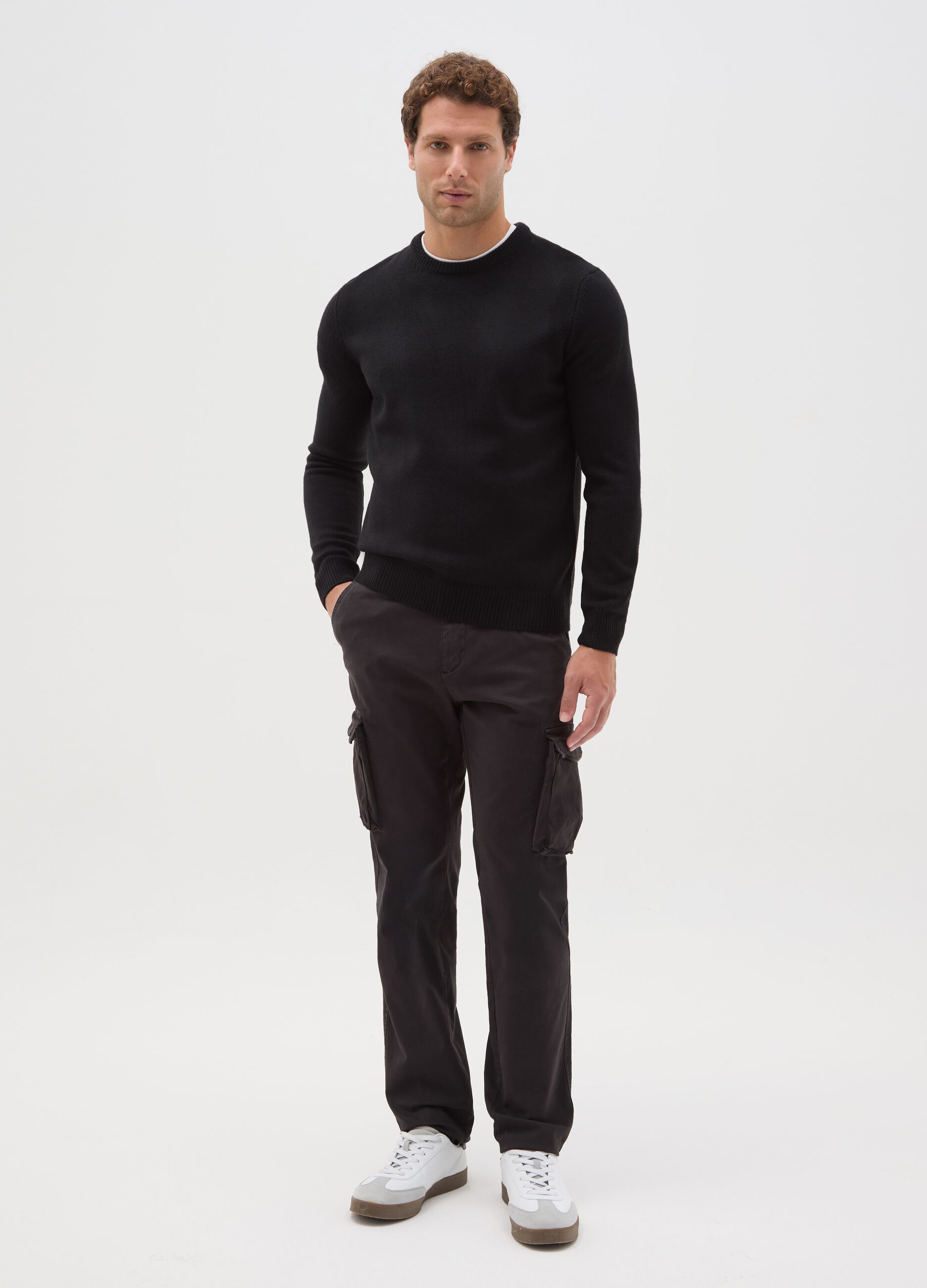Black Stretch Cotton Slim Fit Cargo Trousers