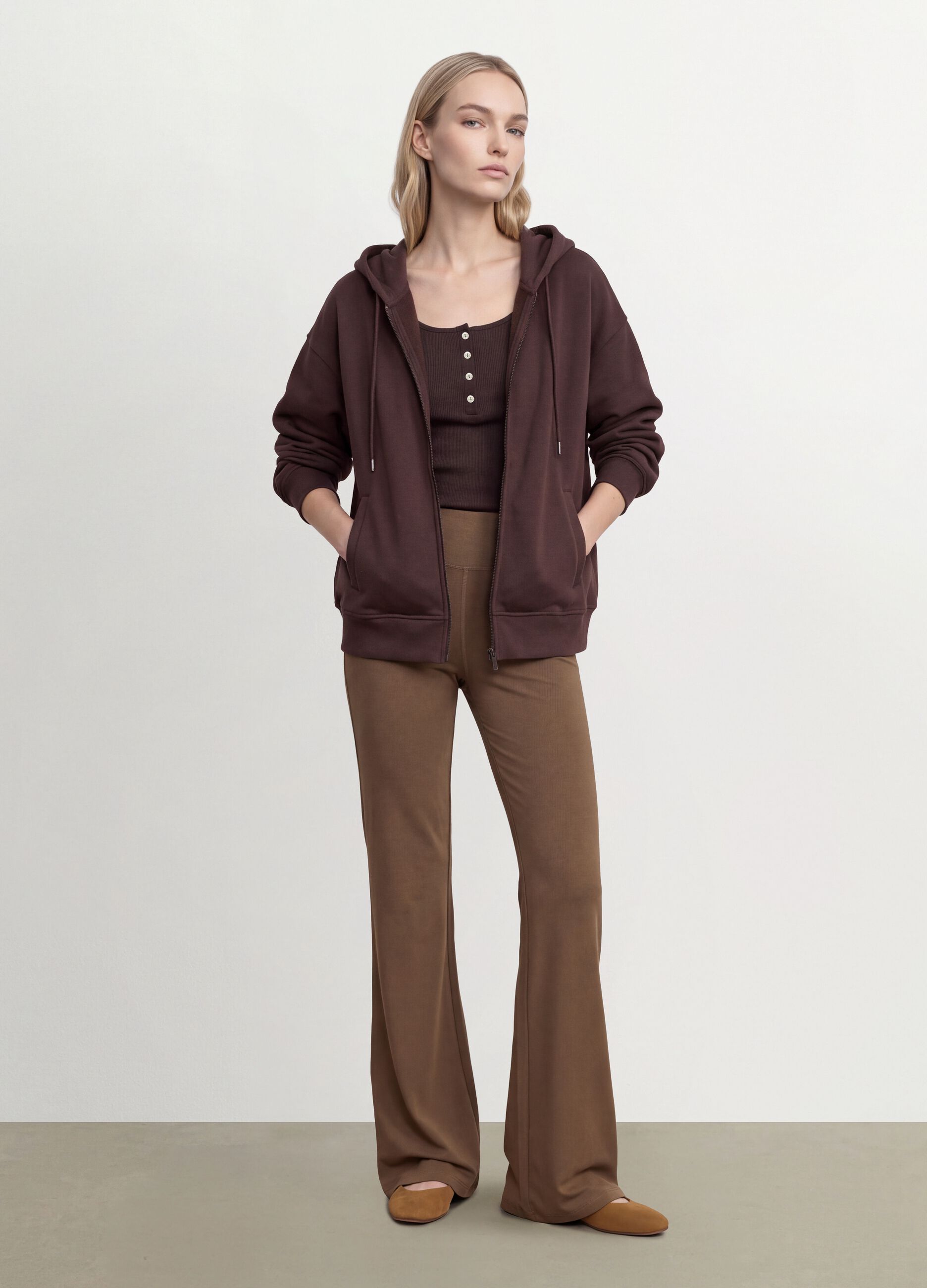 Braune Flare-Fit-Leggings aus elastischem Viskose-Jersey