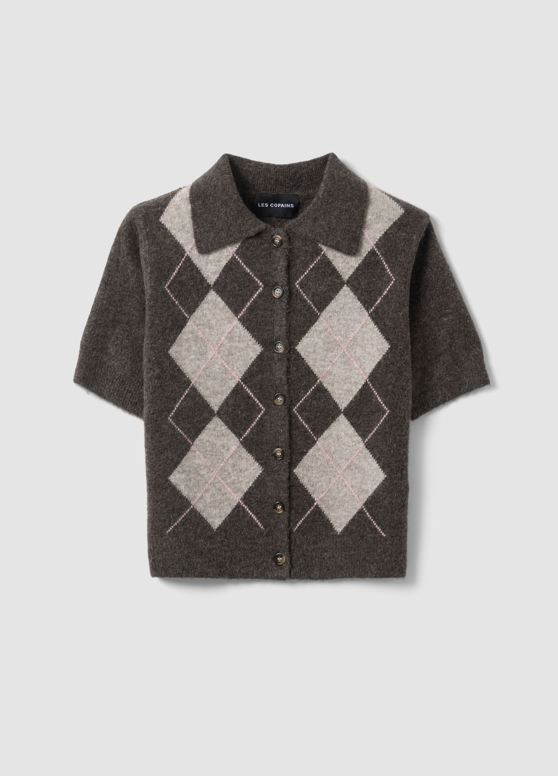 Brown stretch wool polo-collar cardigan, regular fit