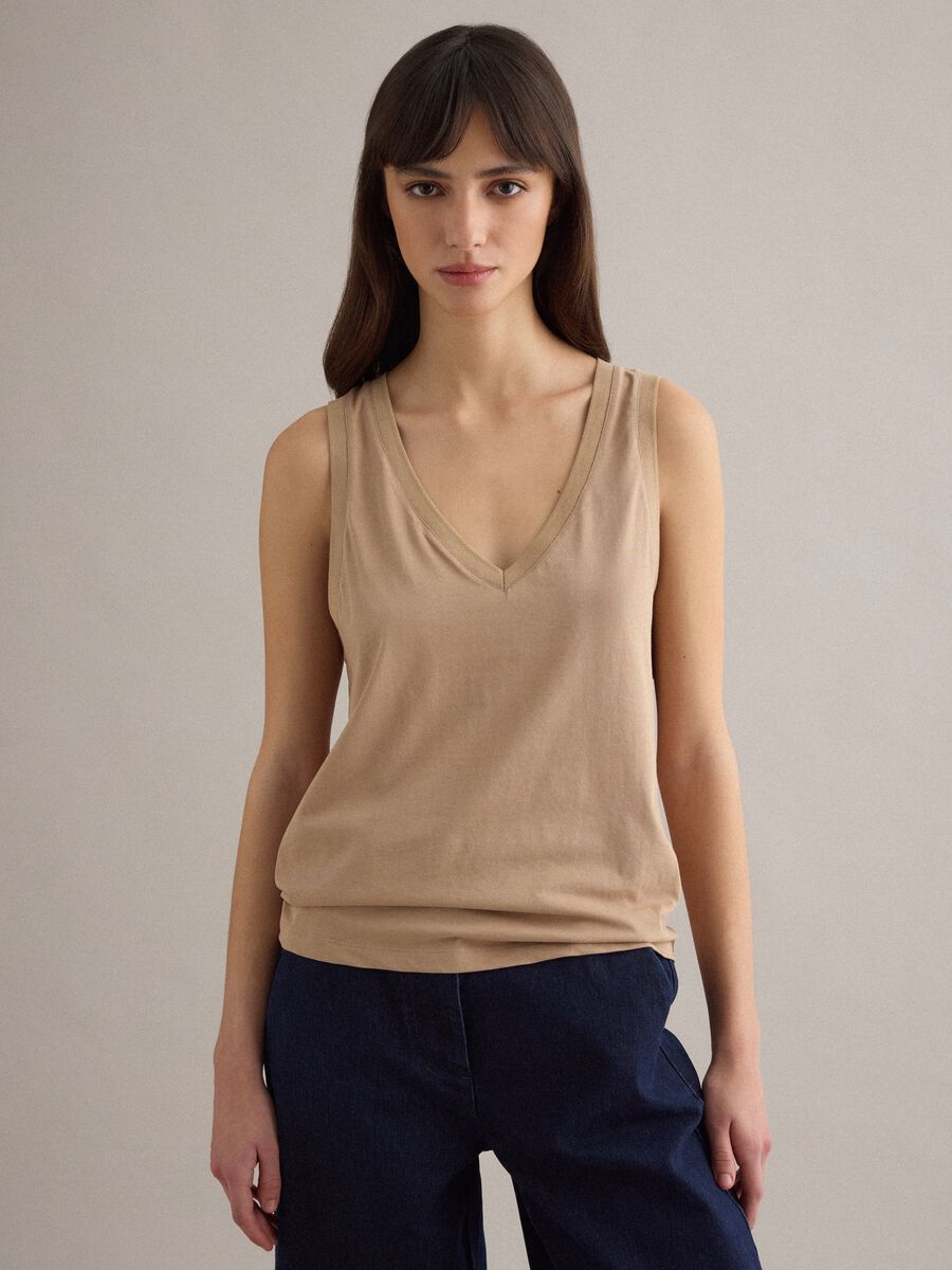 Beige cotton blend regular fit V-neck tank top_1