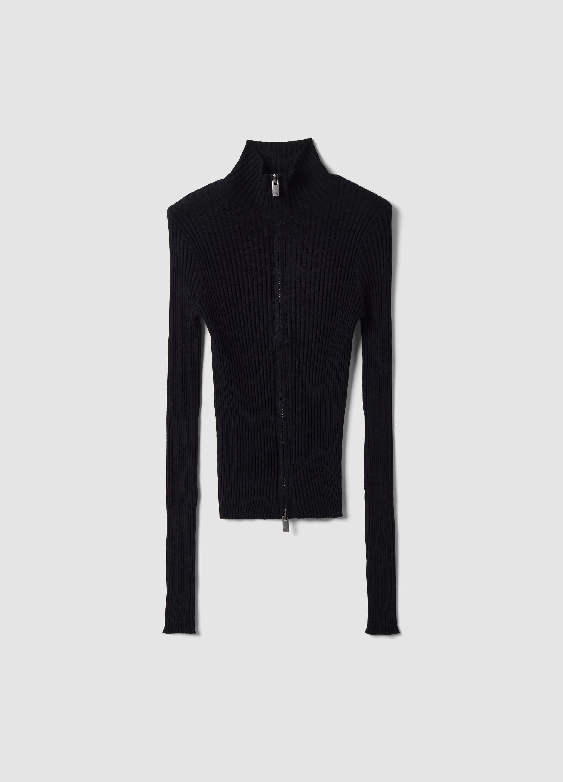 Schwarzer Rippstrick-Cardigan mit durchgehendem Reissverschluss