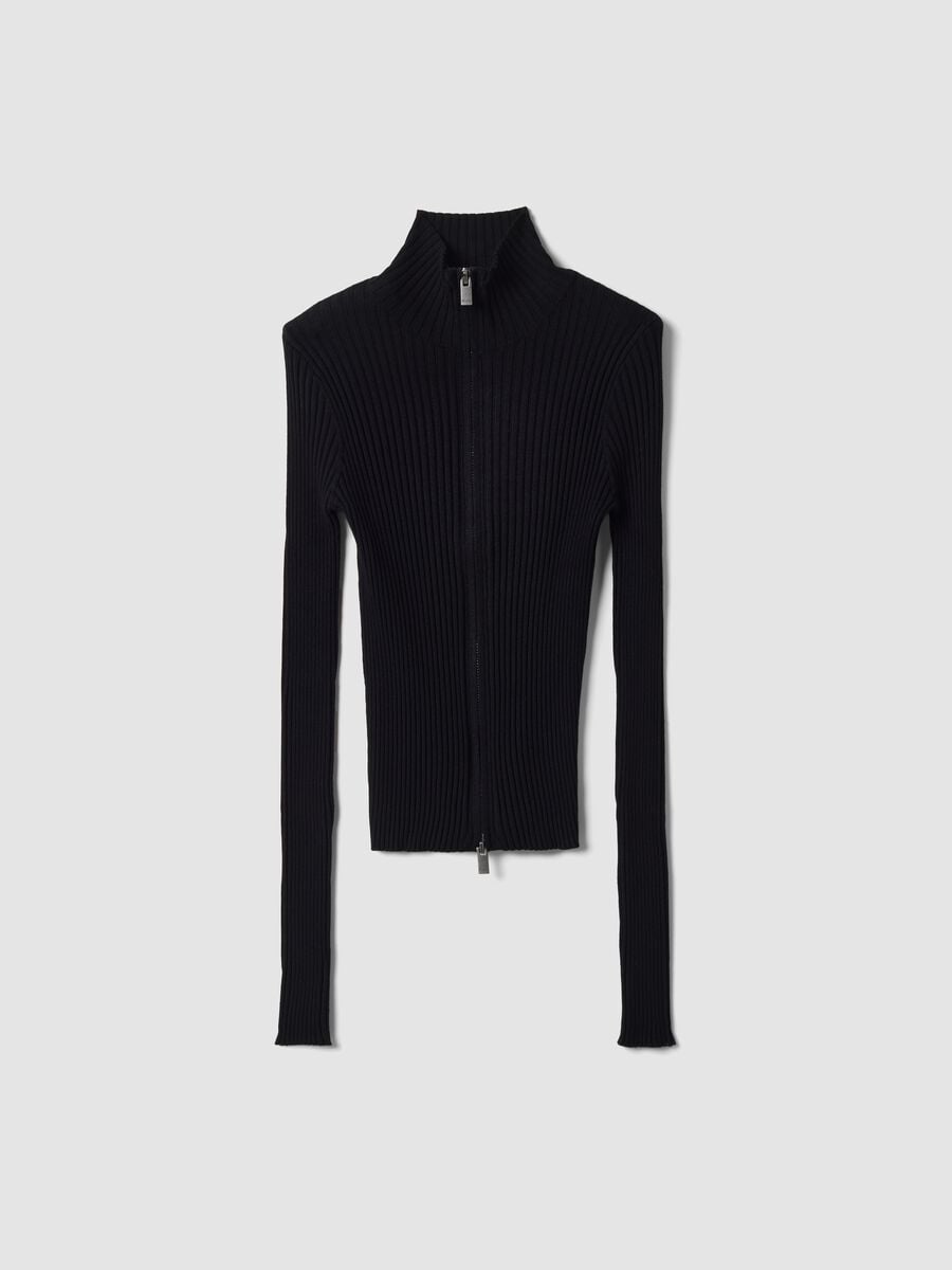 Schwarzer Rippstrick-Cardigan mit durchgehendem Reissverschluss_1