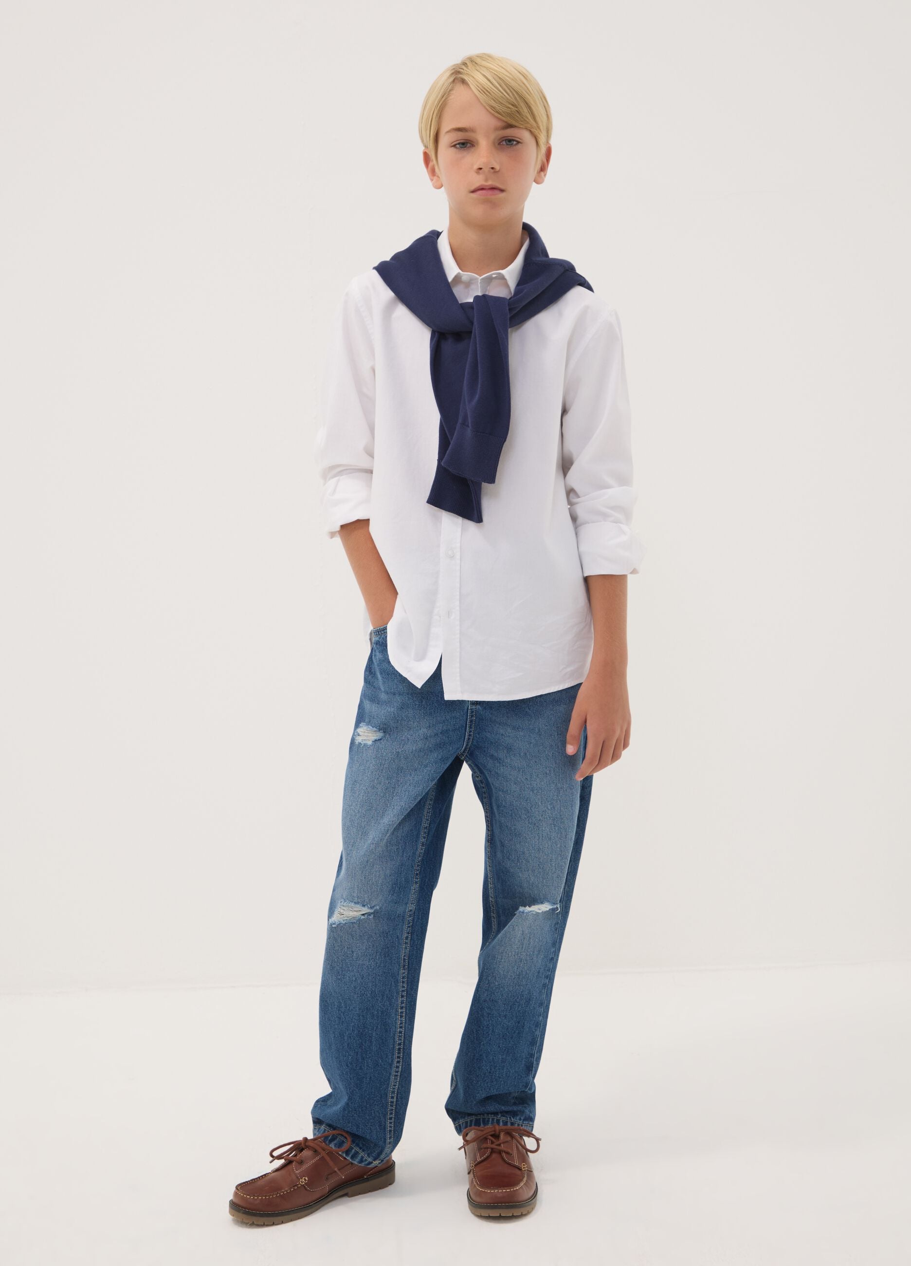 Blue baggy pure cotton ripped jeans for boys