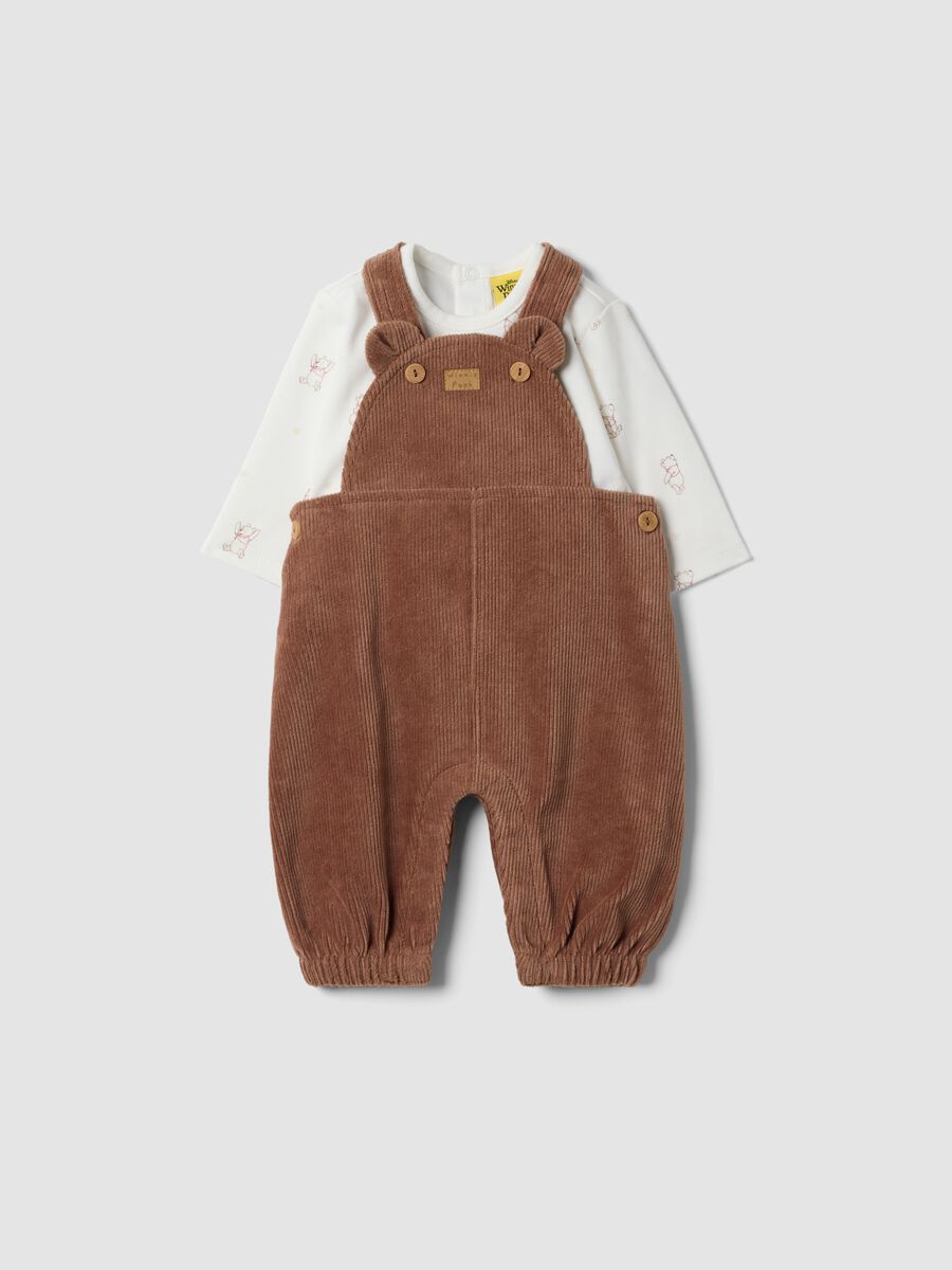 Brown organic cotton-blend set with Winnie the Pooh dungarees_0