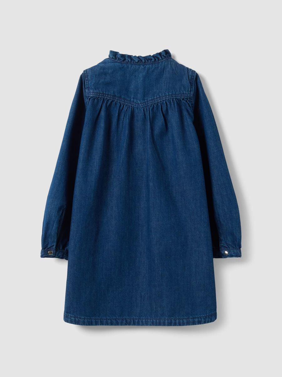 Blue wide-fit pure cotton dress with crew neck and ruffle for girls_1