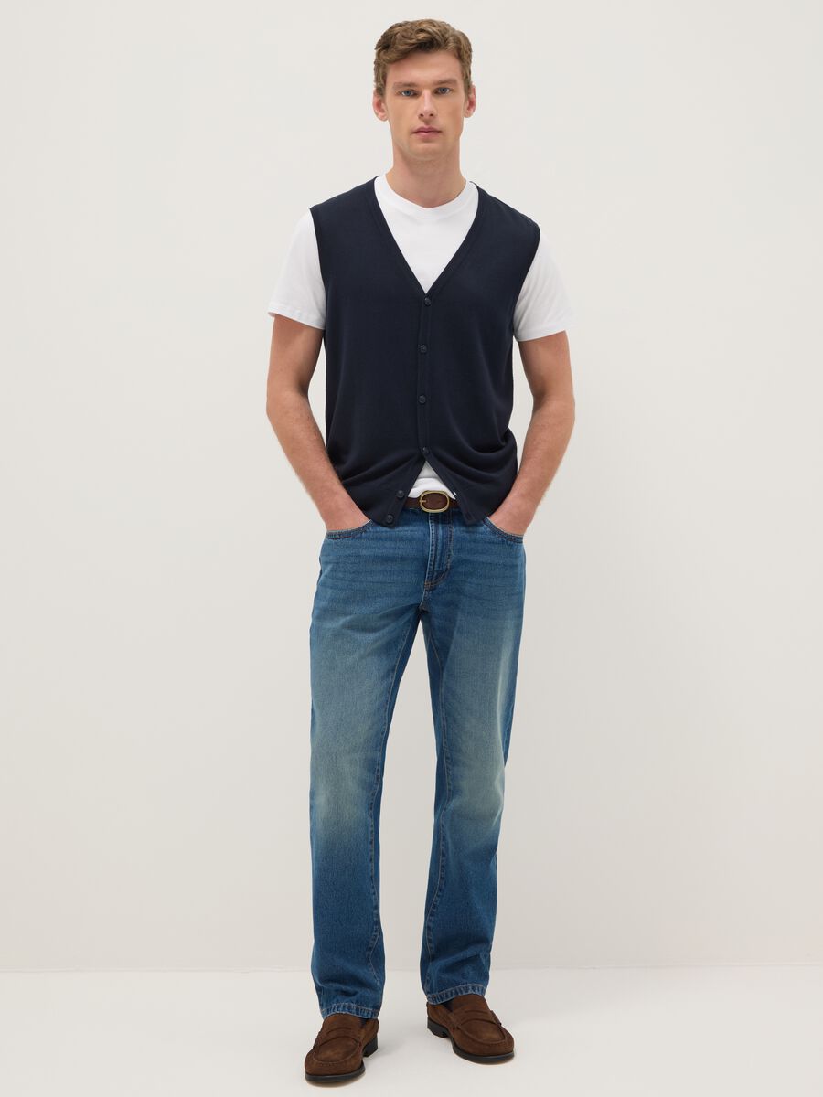 Regular fit deep V blue waistcoat in cotton blend with buttons_1