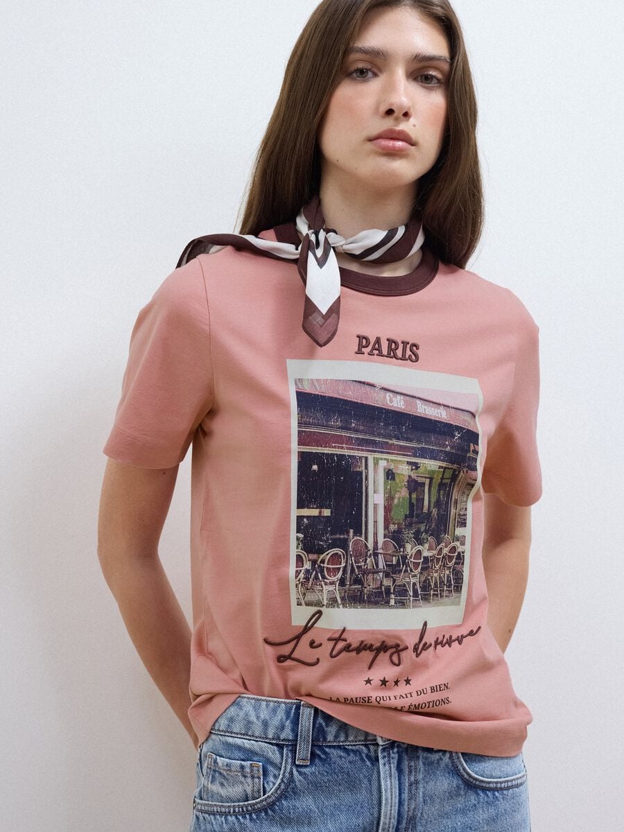 Pink pure cotton T-shirt with Paris print_0