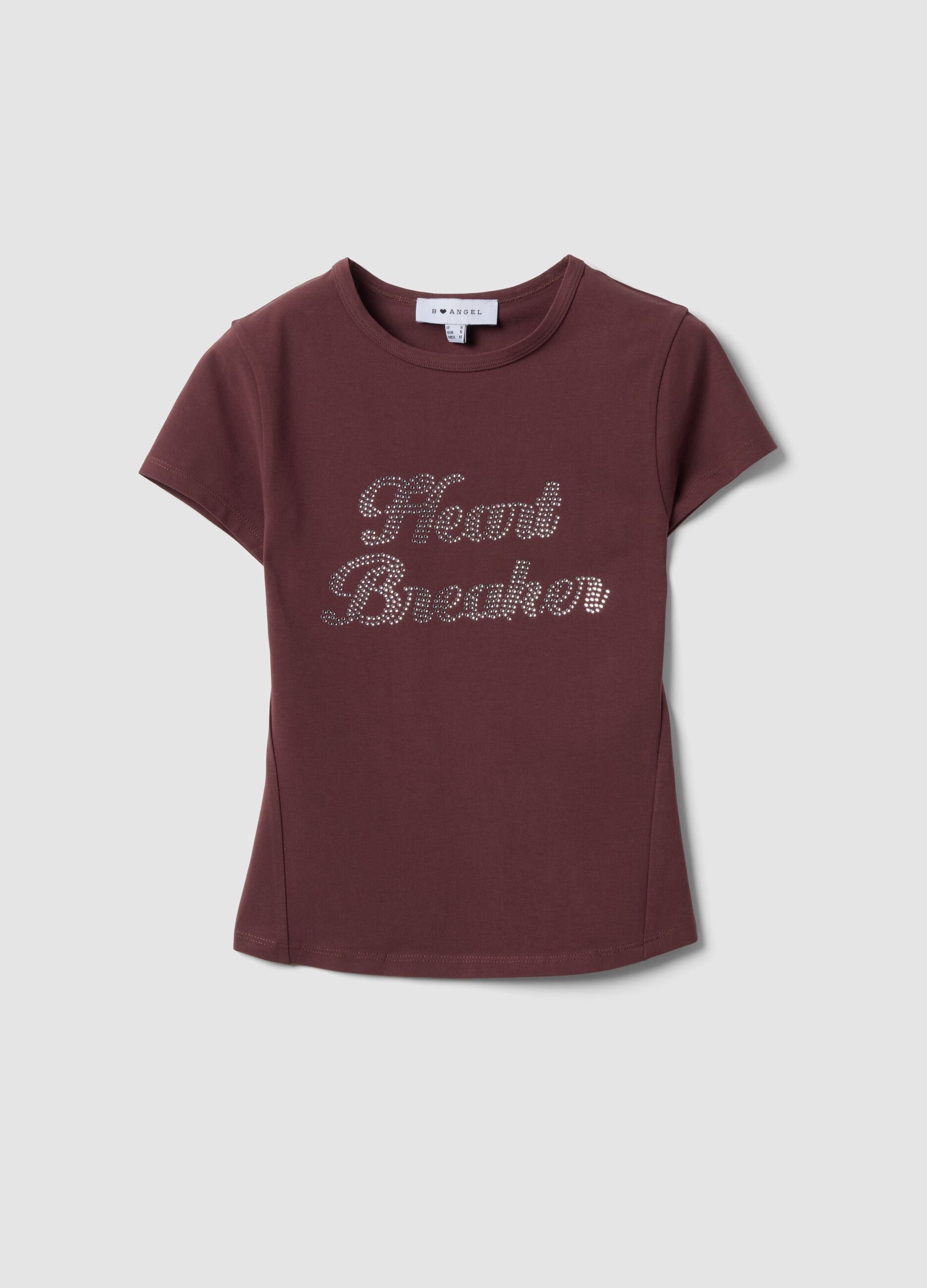 T-shirt castanha justa em algod&atilde;o el&aacute;stico com aplica&ccedil;&otilde;es de strass