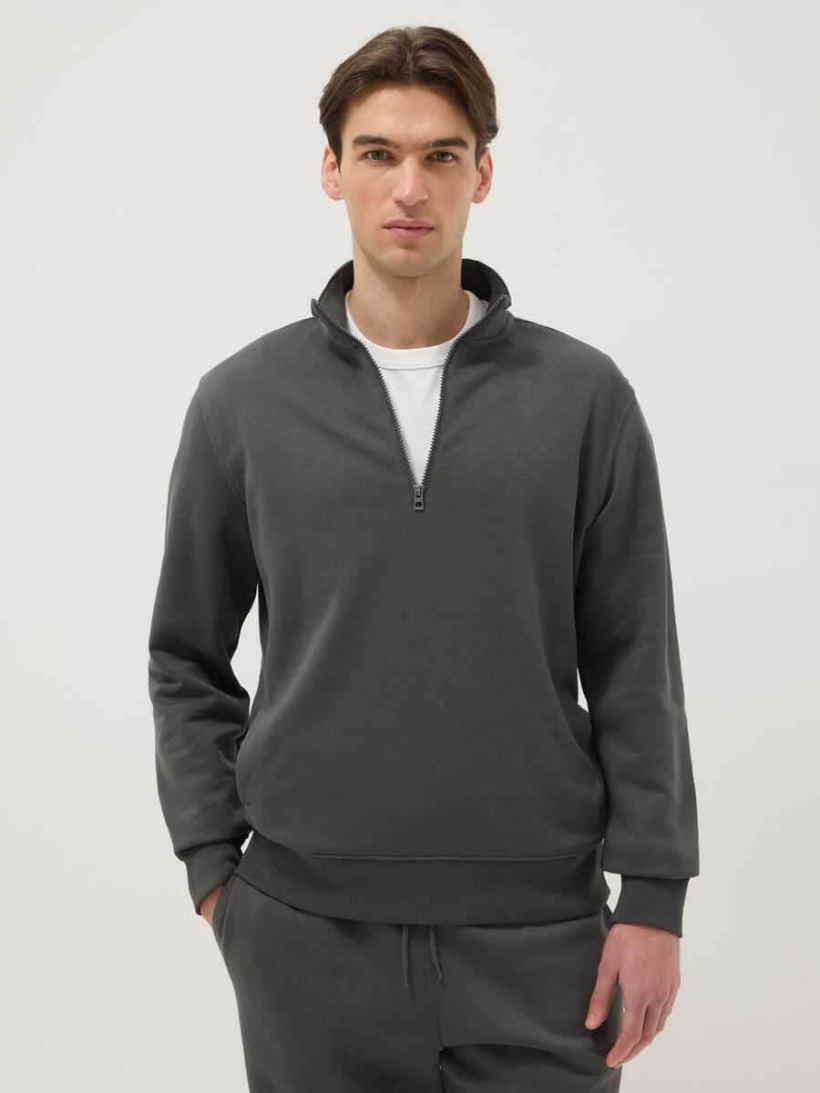 Grey regular fit cotton-blend sweatshirt with half zip_0