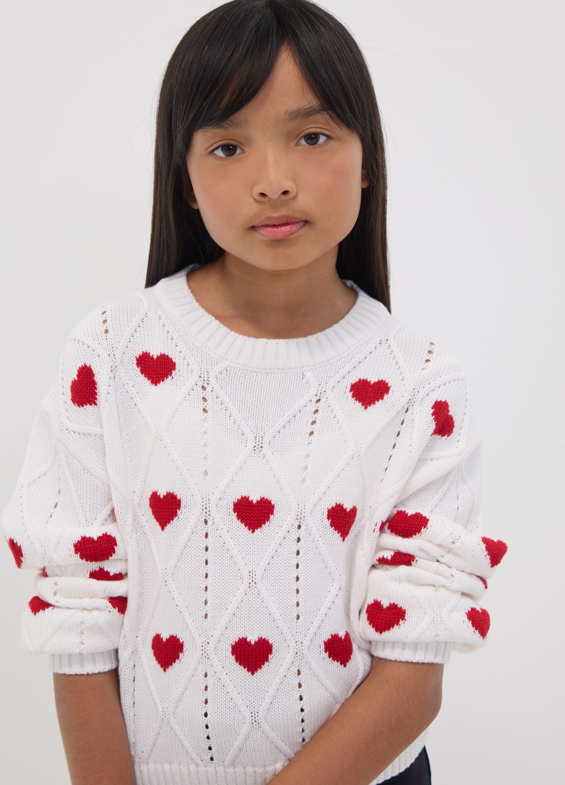 White cotton-blend jumper with openwork pattern and hearts for girls