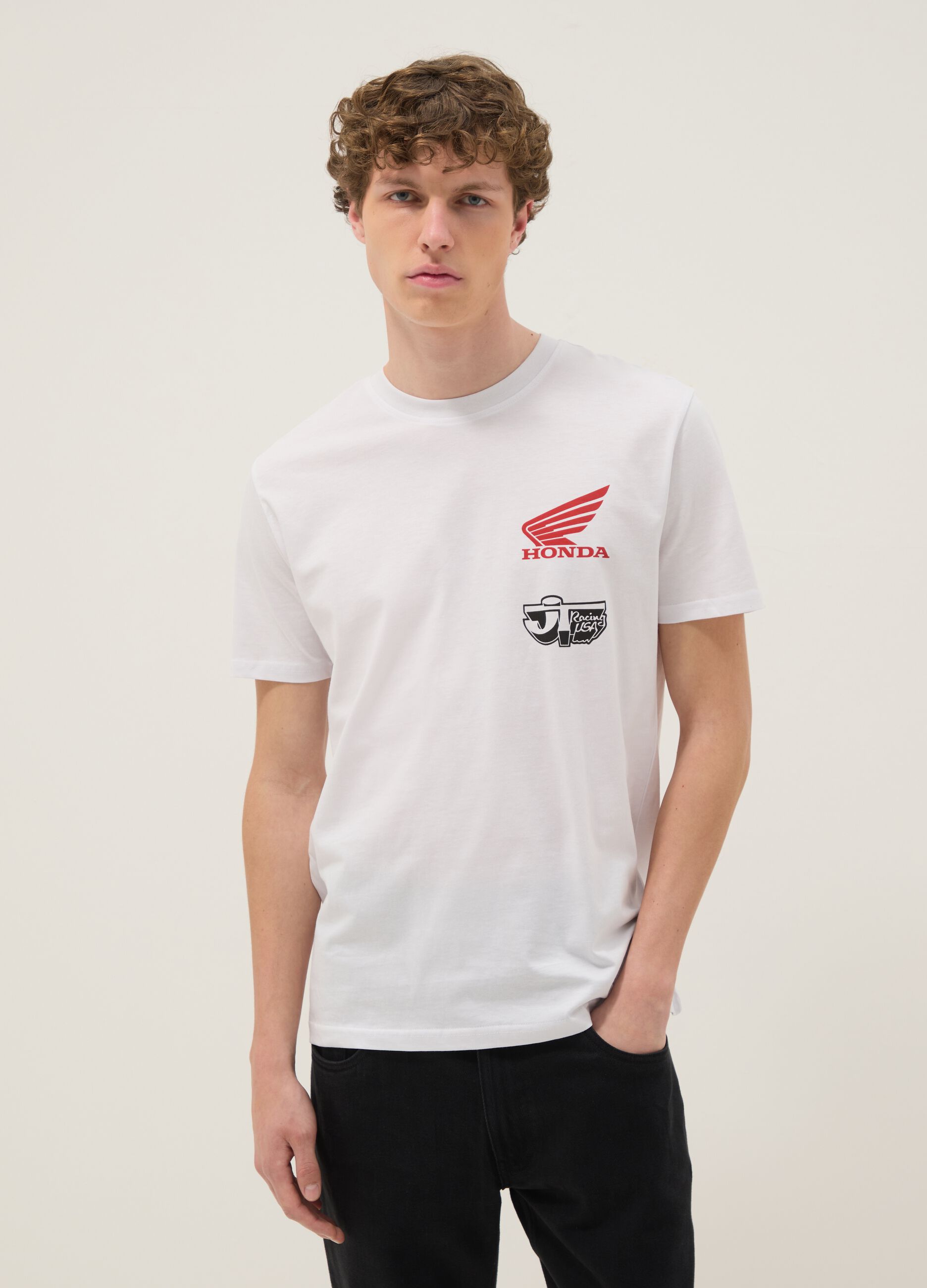 White pure cotton regular fit T-shirt with Honda print