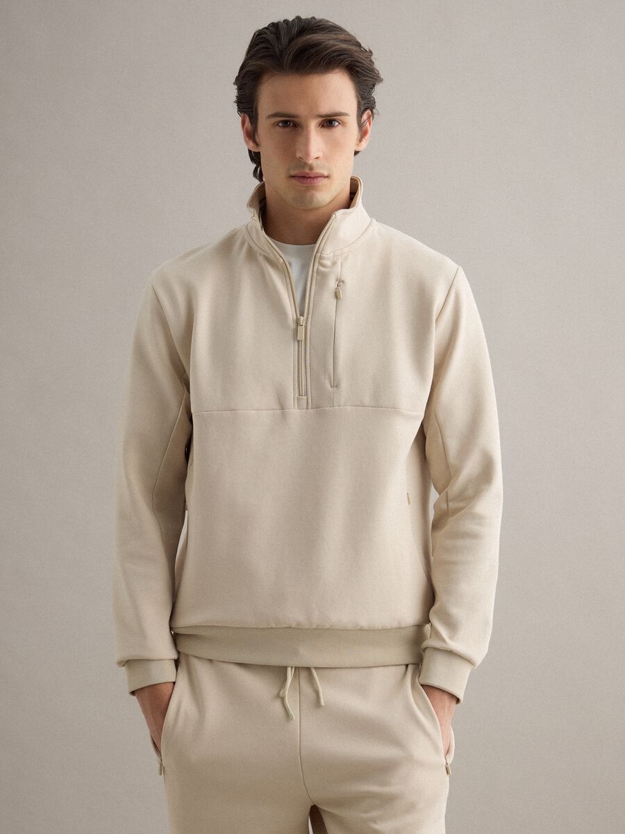Beige regular fit stretch cotton blend sweatshirt with half zip_0