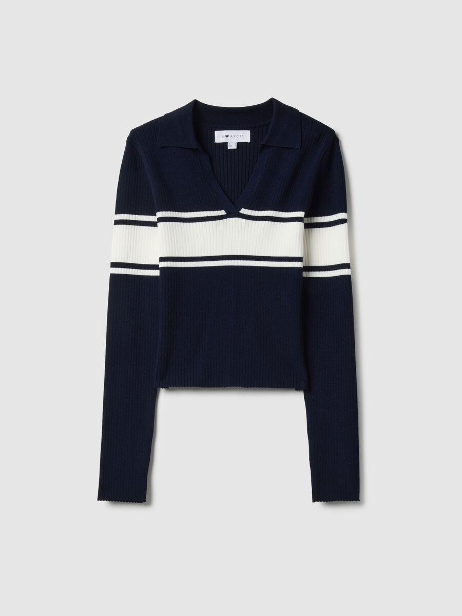 Maglione blu con collo polo in misto viscosa_4