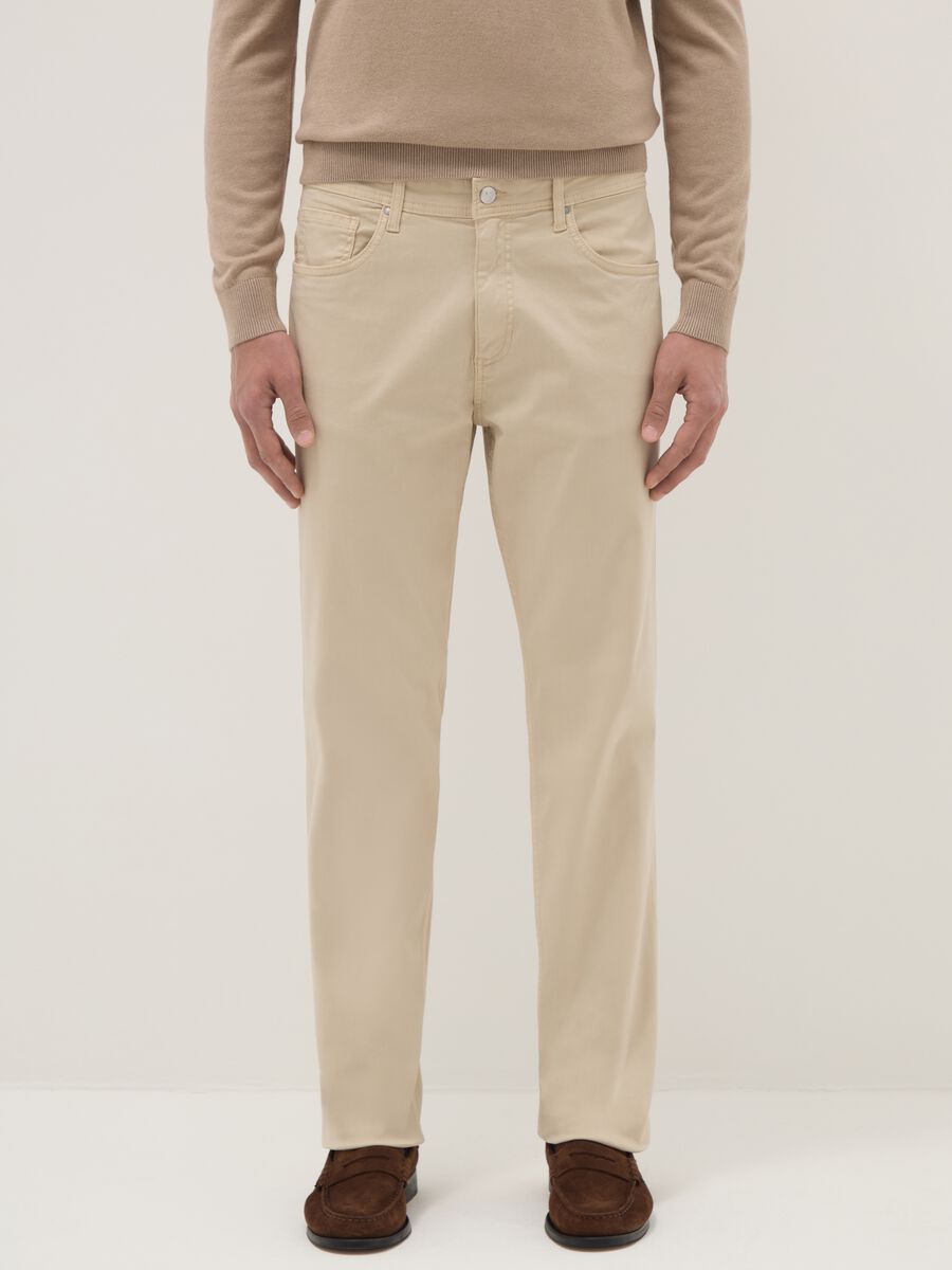 Beige stretch cotton trousers regular fit_1