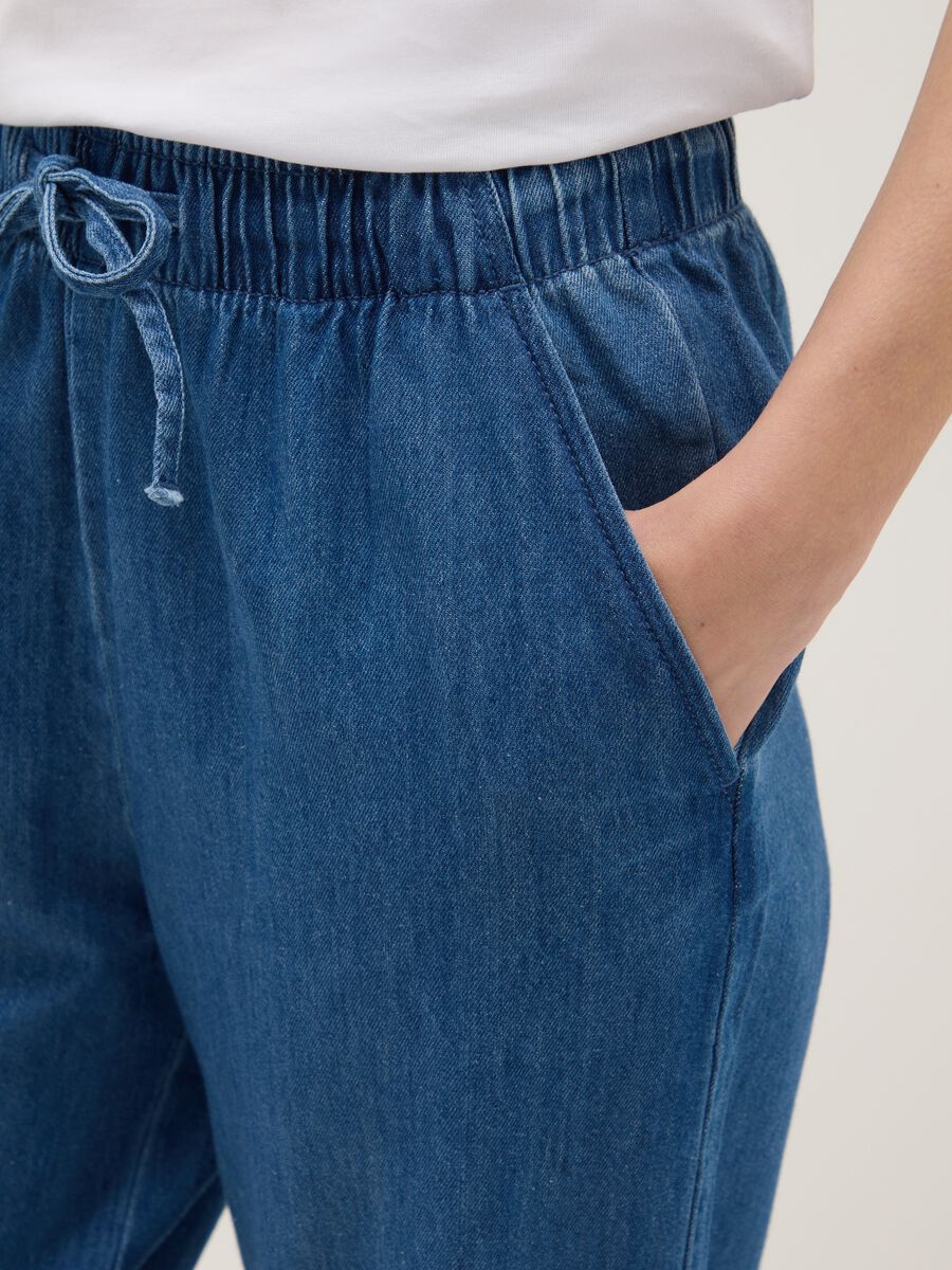 Wide leg blue denim pure cotton trousers with elastic waistband_3