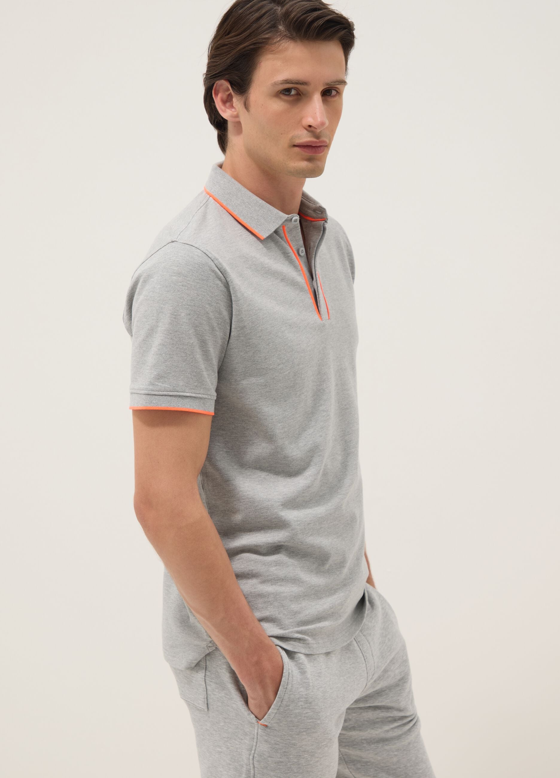Grey stretch cotton polo with contrast piping