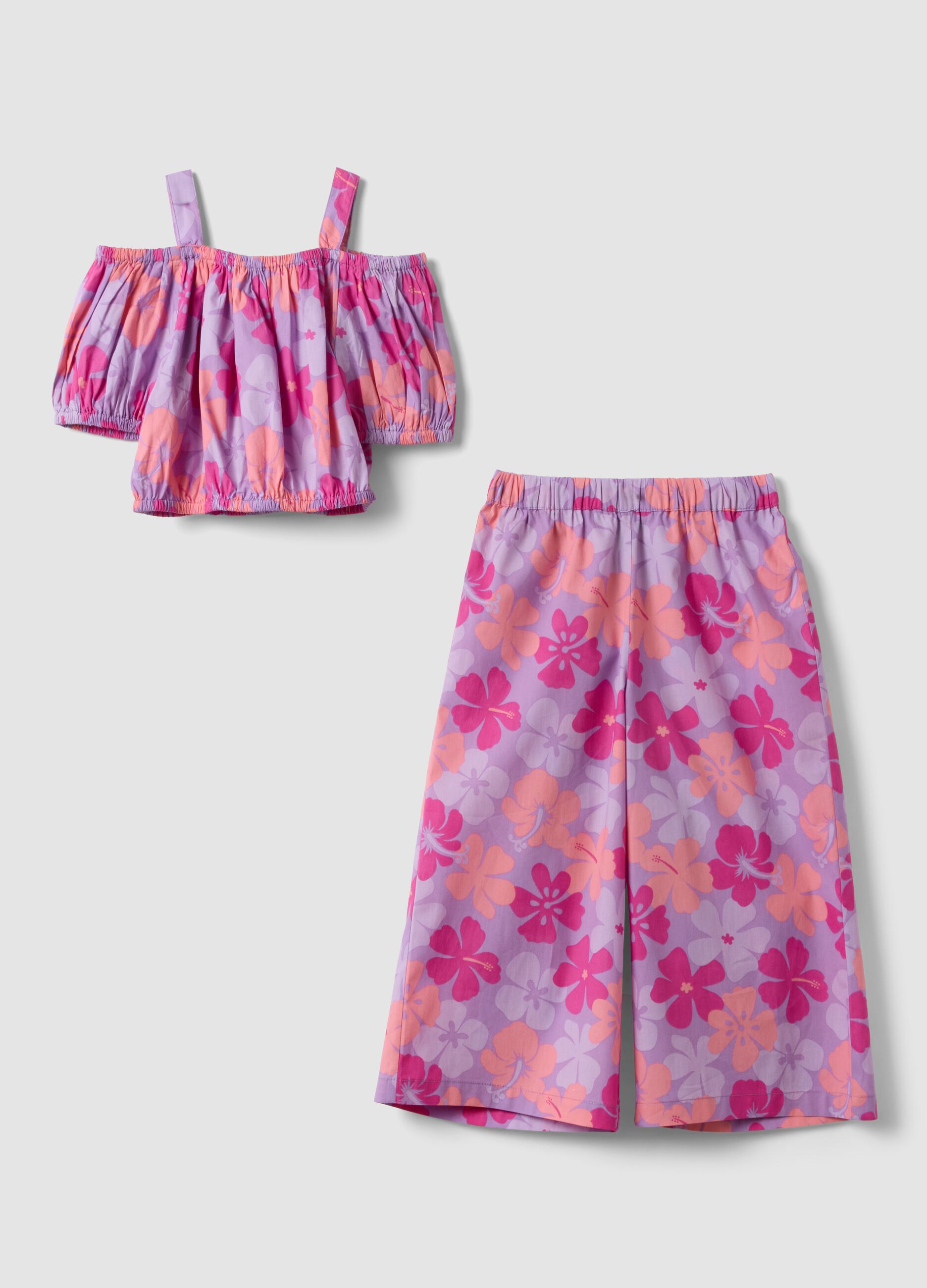 Conjunto roxo em algod&atilde;o puro com top e cal&ccedil;as de padr&atilde;o floral