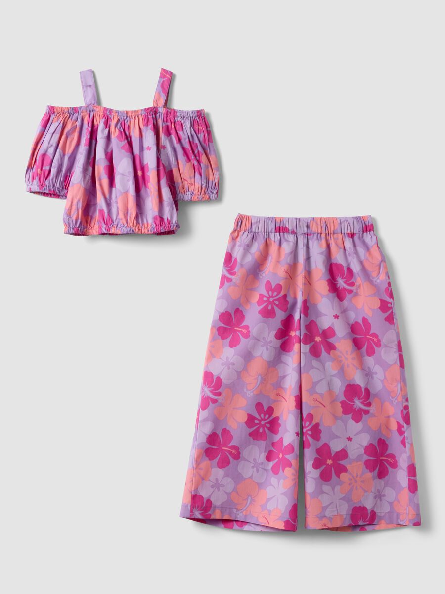 Purple pure cotton set with floral top and trousers_0