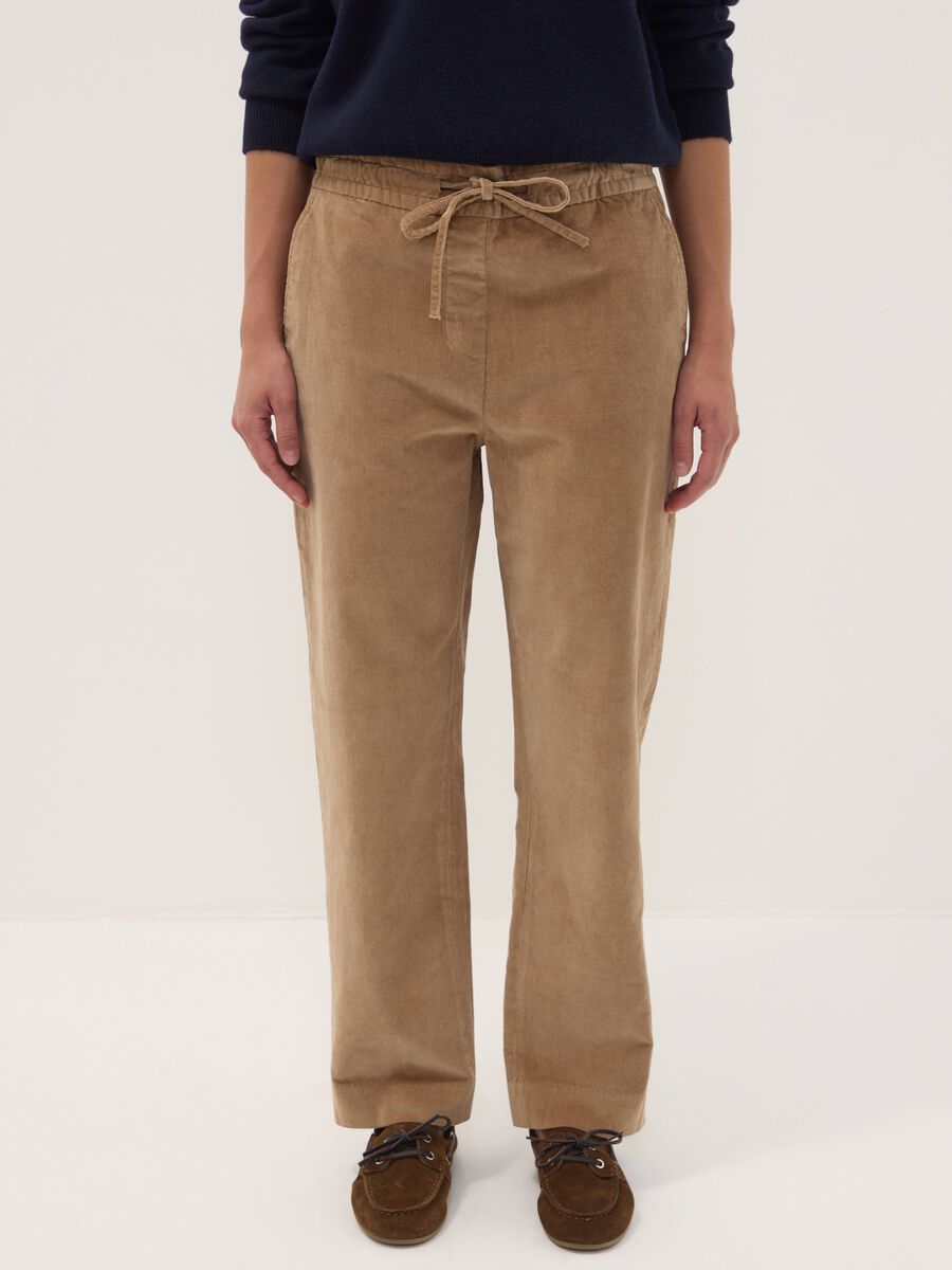 Beige gerippte Hose aus elastischer Baumwolle mit elastischem Bund_1