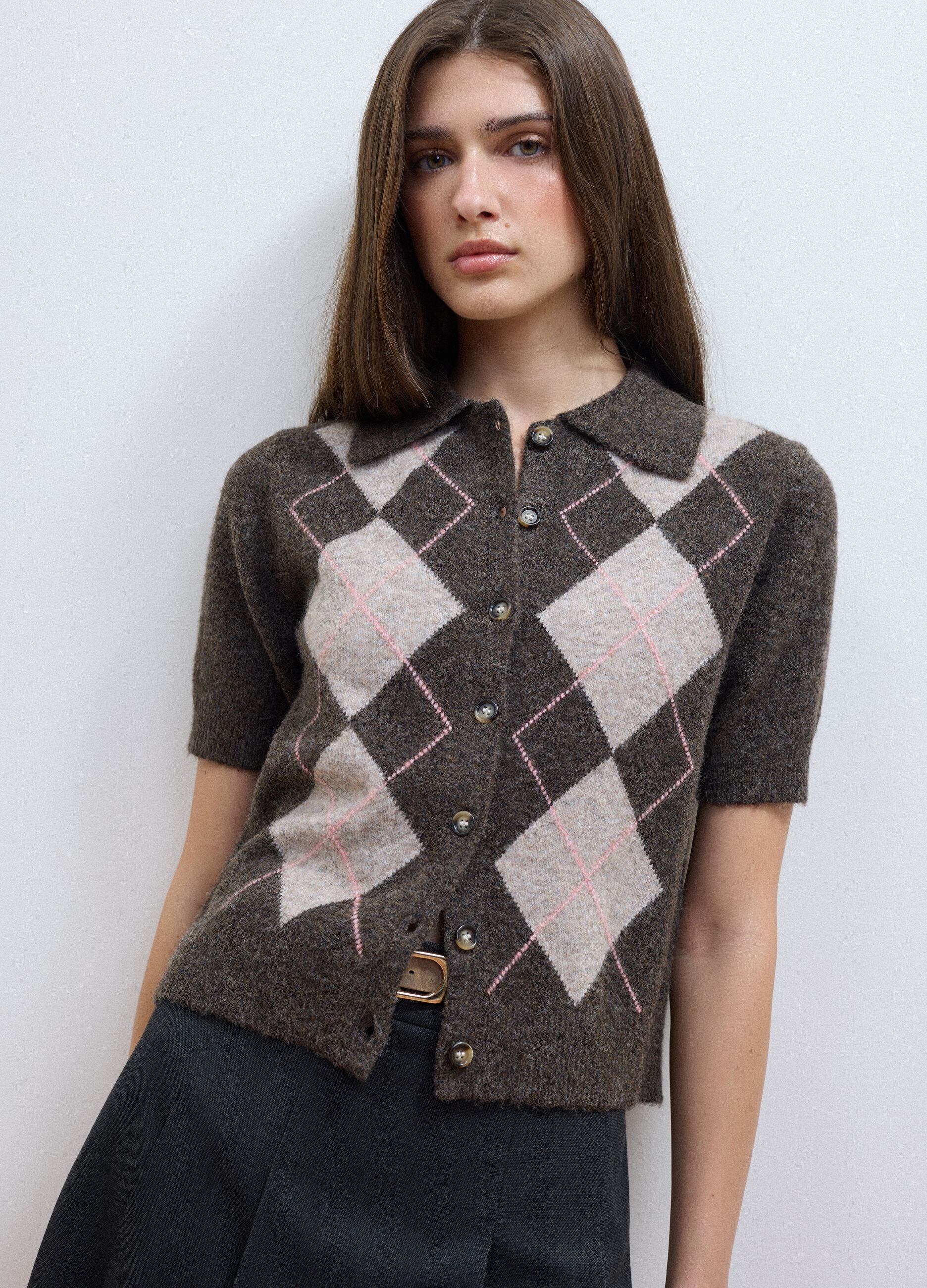 Brown stretch wool polo-collar cardigan, regular fit
