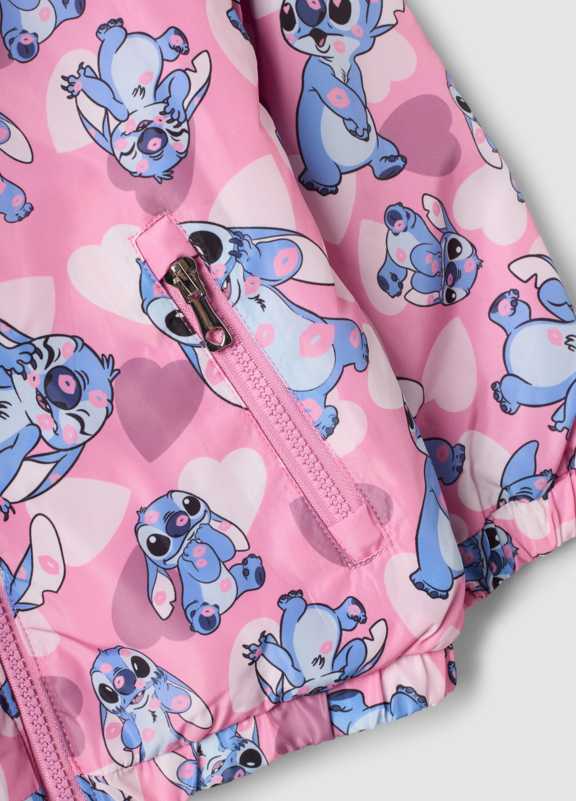Pink padded rain jacket with hood, zip and Lilo & Stitch print