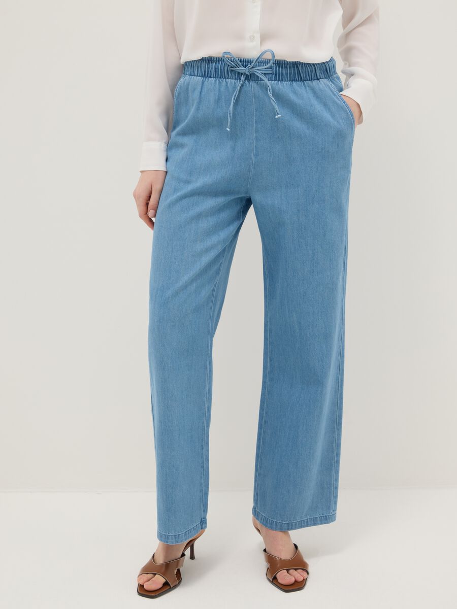 Blue wide leg denim trousers in pure cotton with elastic waistband_1