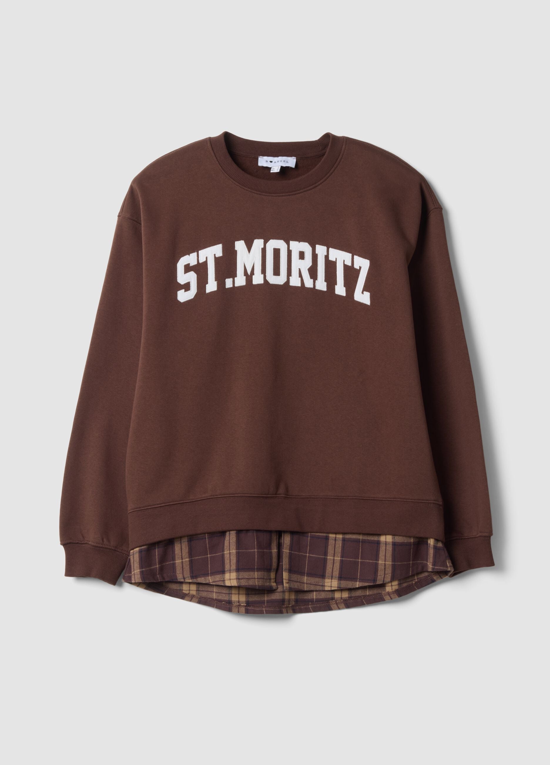 Brown cotton-blend sweatshirt with shirt-effect insert, regular fit