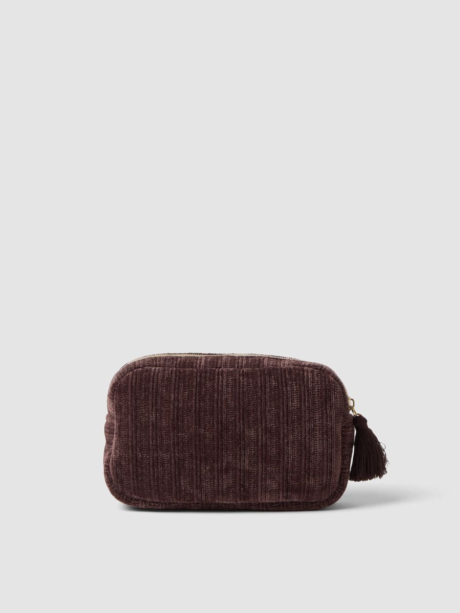 Brown make-up bag with floral embroidery and tassel_1