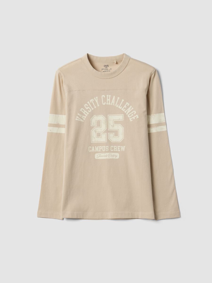 T-shirt beige in puro cotone organico con stampa college per ragazzo_0